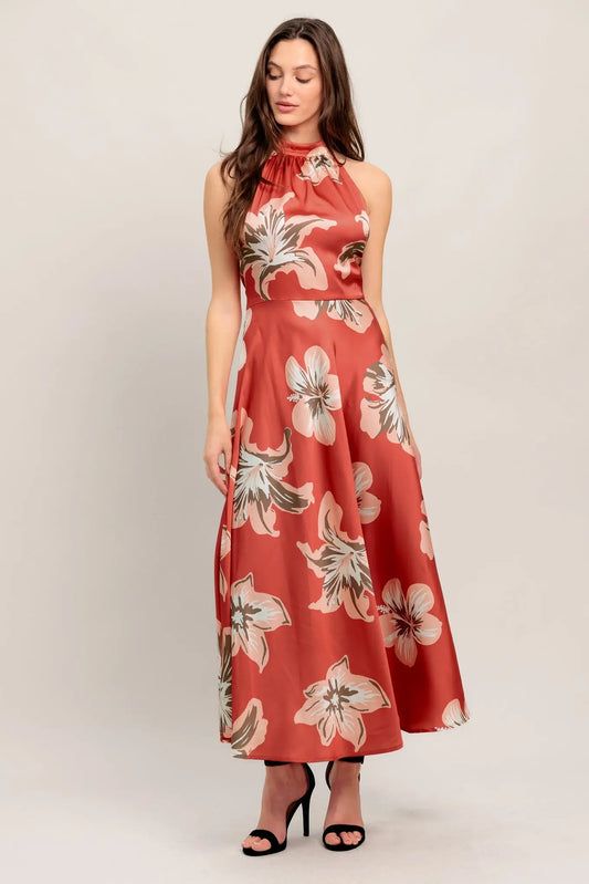Cant Look Away Woven Midi Dress With Bare Back Halter Neckline Circle Skirt Flying Tomato