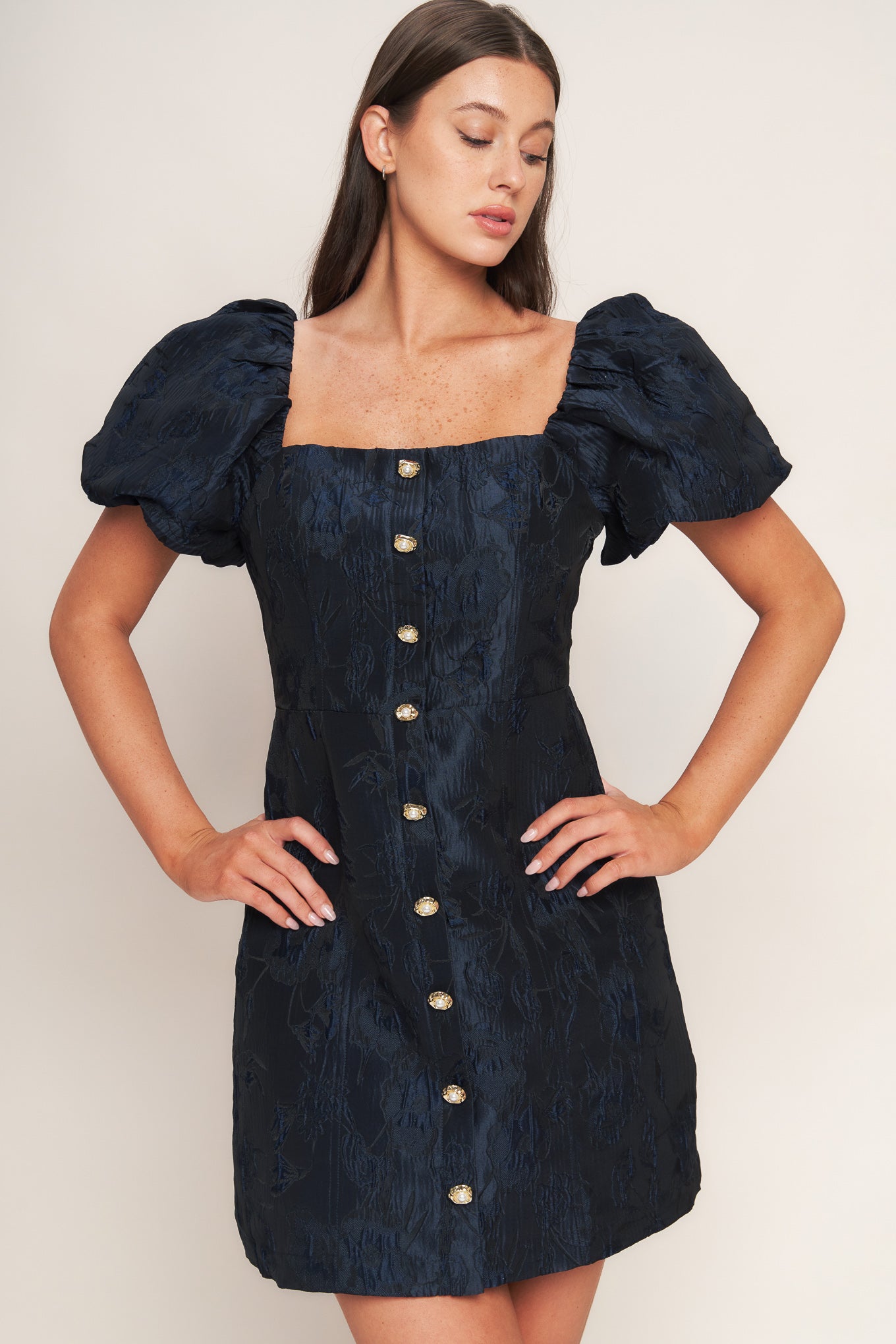 Golden Moon Woven Mini Dress Square Neckline Front Button Flying Tomato