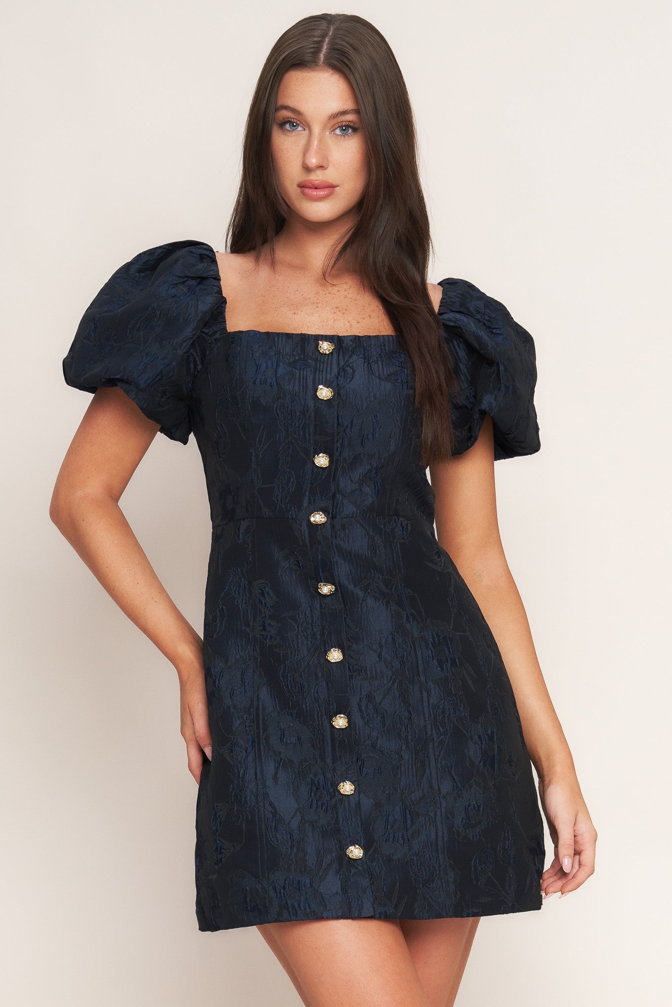 Golden Moon Woven Mini Dress Square Neckline Front Button Flying Tomato