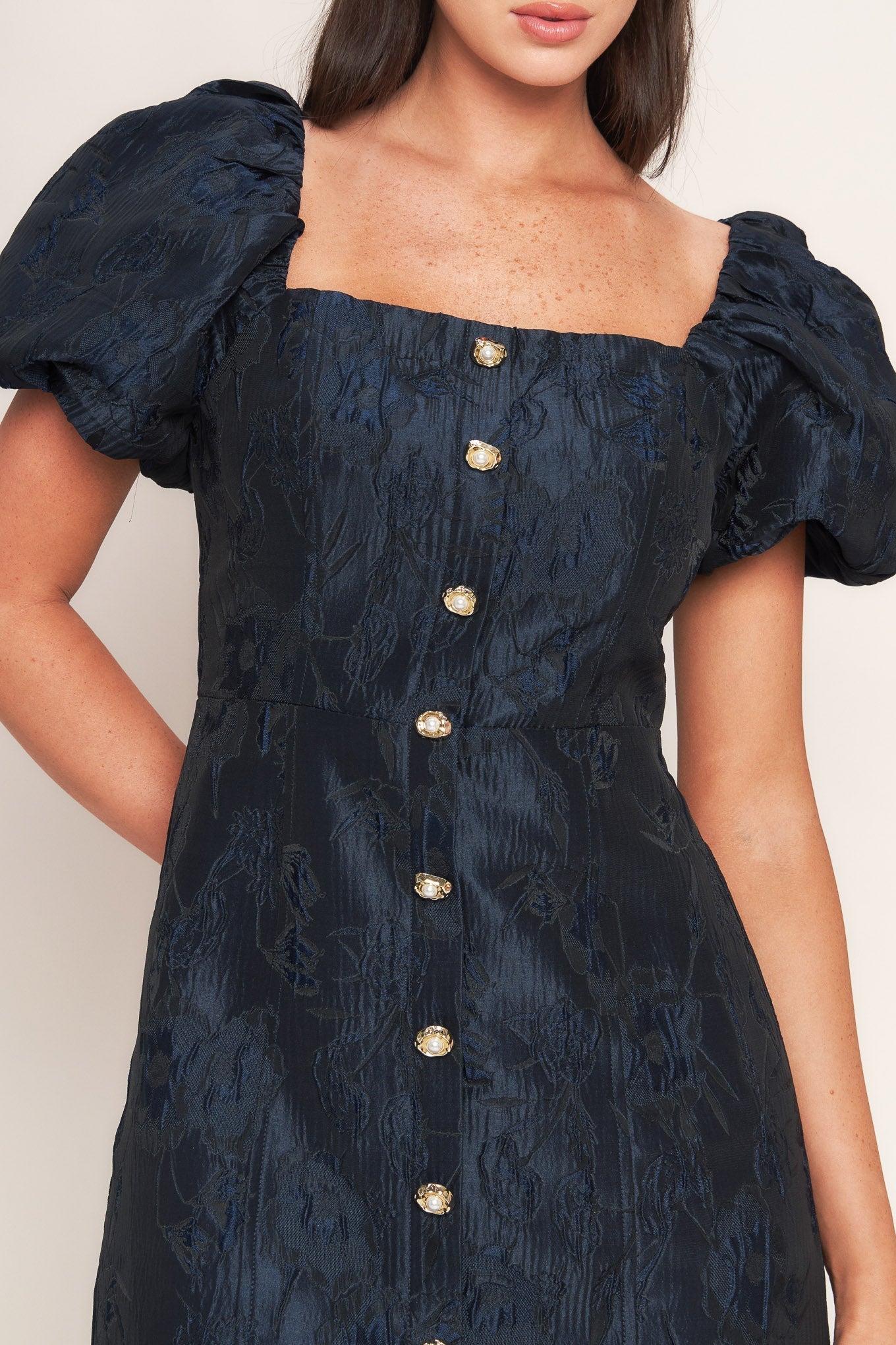 Golden Moon Woven Mini Dress Square Neckline Front Button Flying Tomato