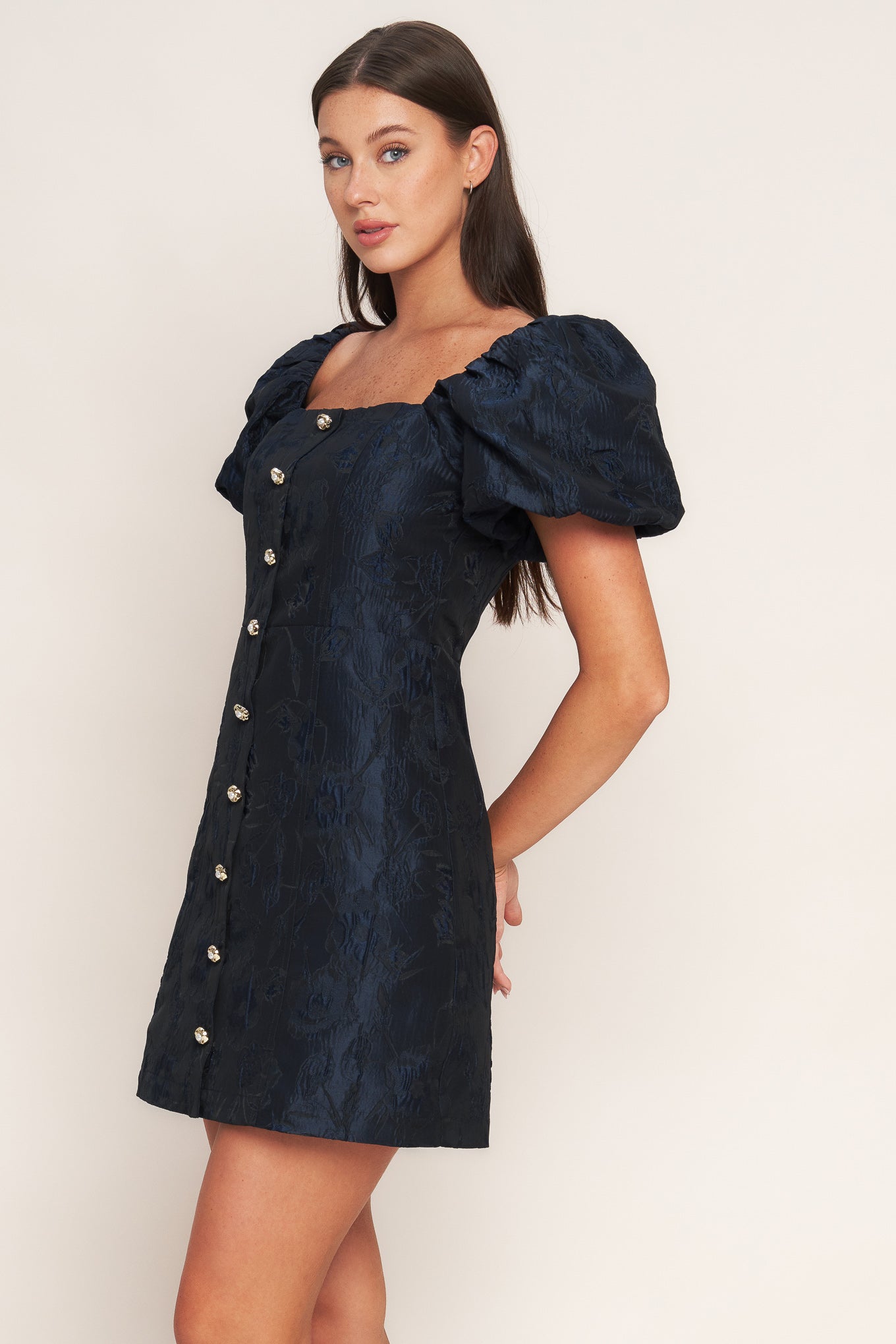 Golden Moon Woven Mini Dress Square Neckline Front Button Flying Tomato