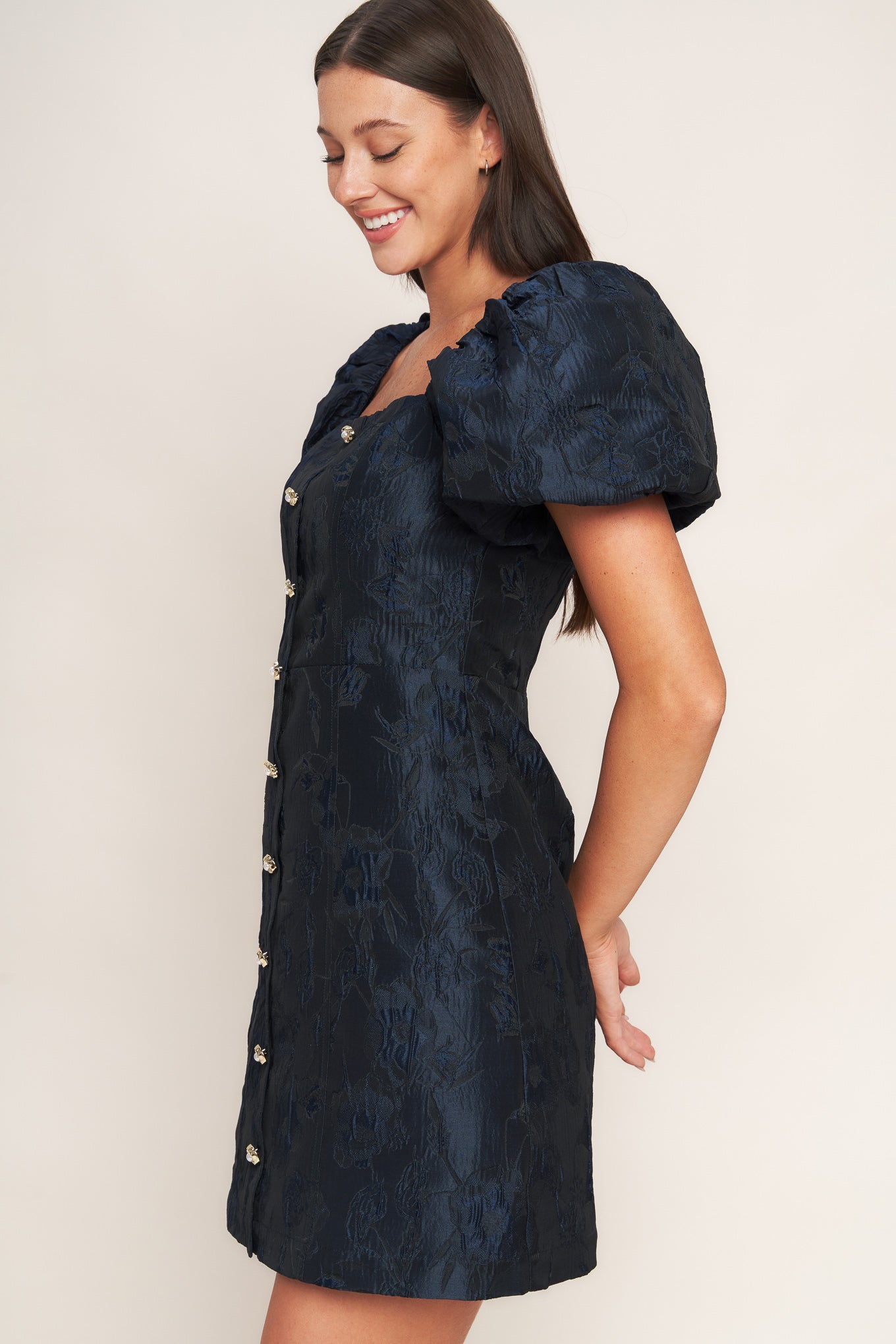 Golden Moon Woven Mini Dress Square Neckline Front Button Flying Tomato