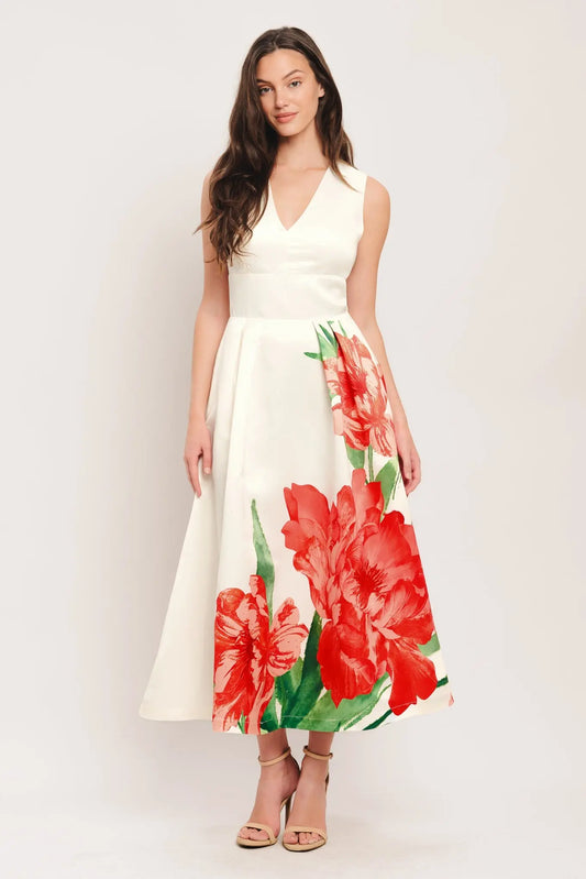 Floral Print Woven Midi Dress With V Neckline And Wide Waistband Flying Tomato
