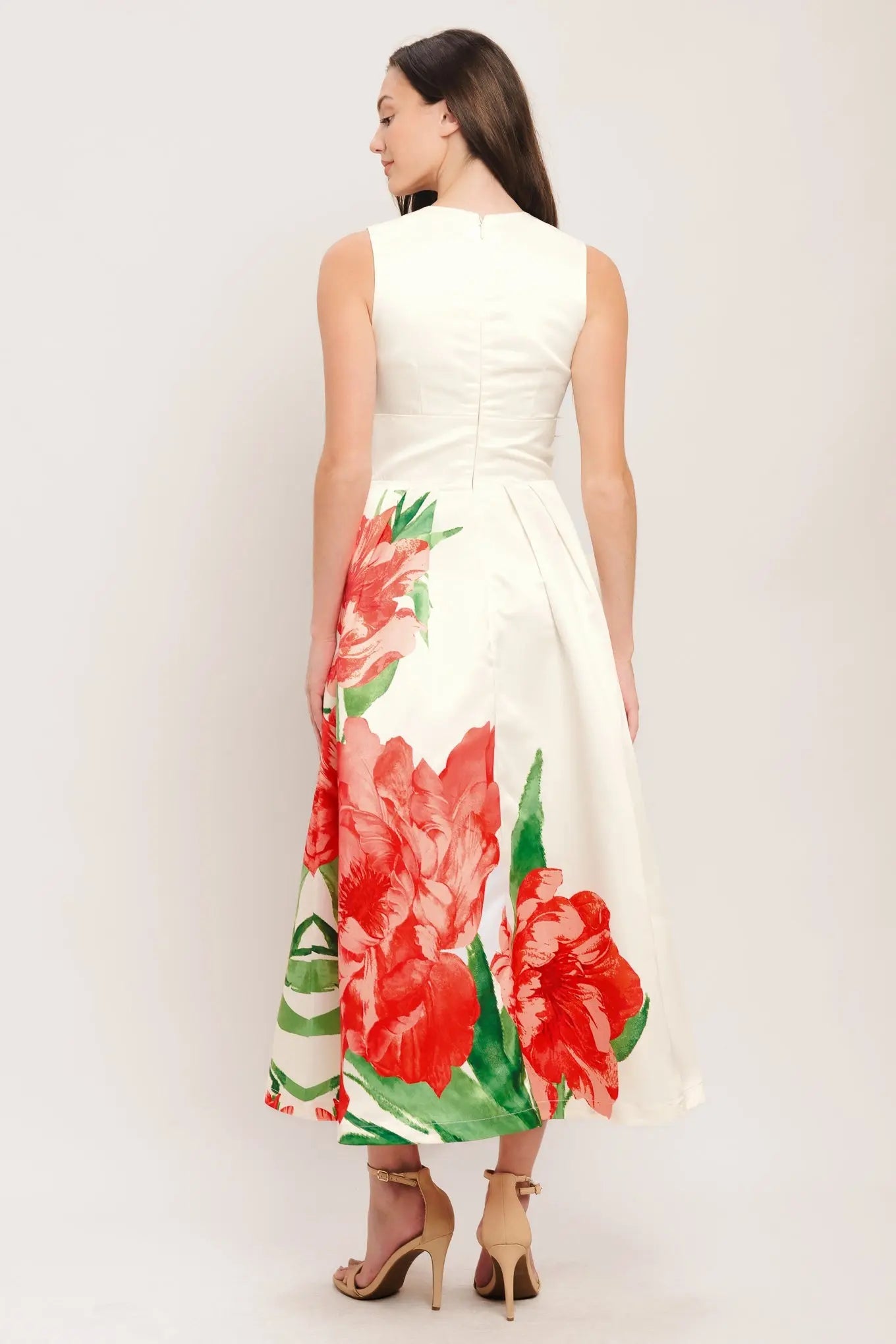 Floral Print Woven Midi Dress With V Neckline And Wide Waistband Flying Tomato