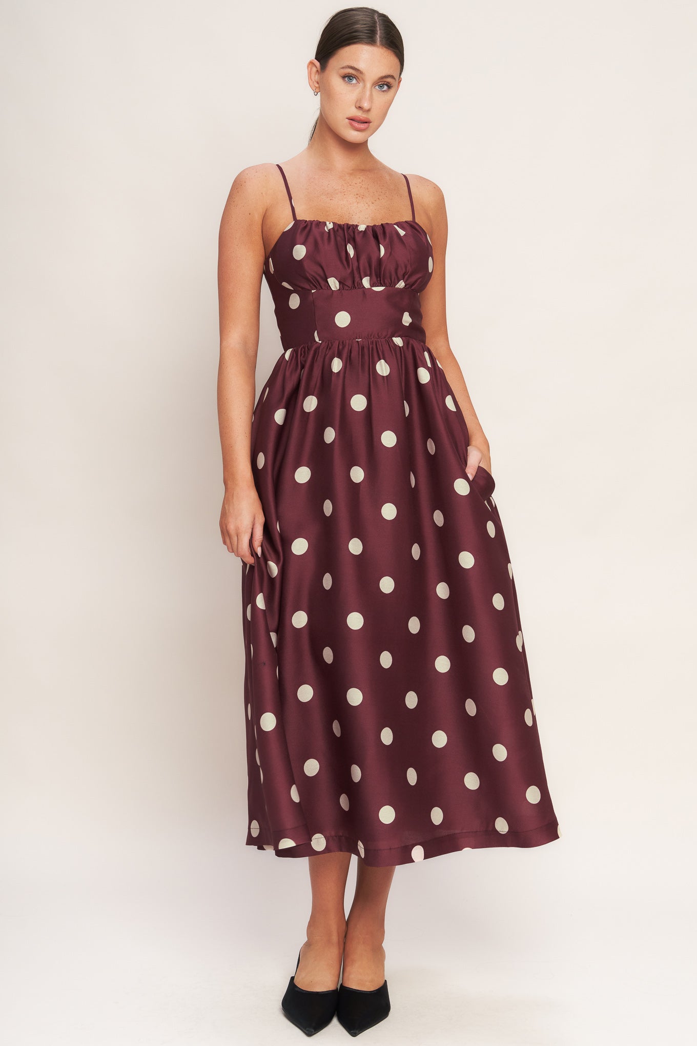 Maraschino Chic Printed Woven Midi Dress With Straps And Shirred Bodice Flying Tomato