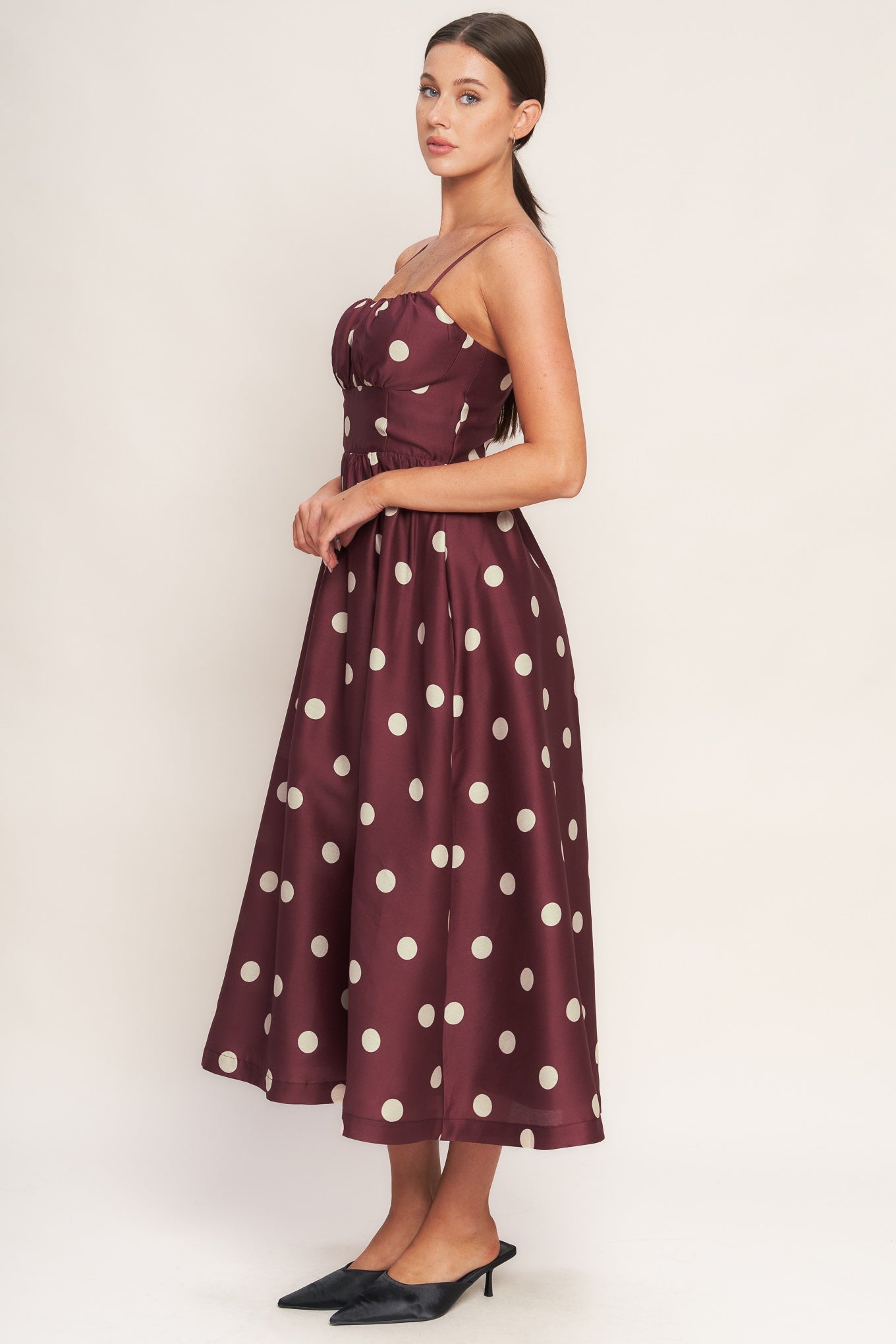 Maraschino Chic Printed Woven Midi Dress With Straps And Shirred Bodice Flying Tomato