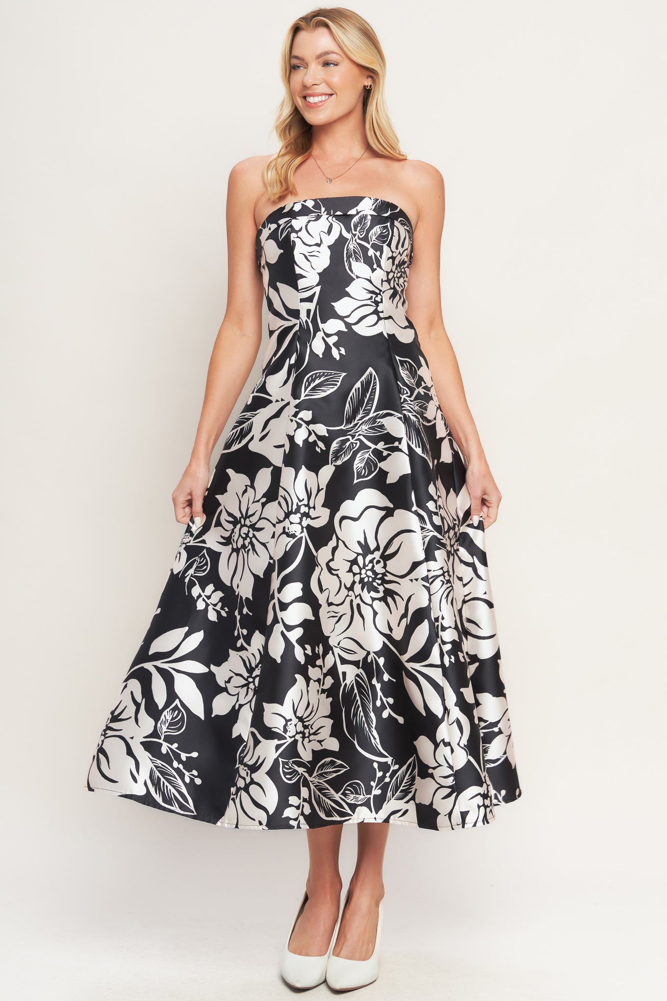 Elegant Bloom Swirl Woven Printed Midi Dress Back Zipper Flying Tomato