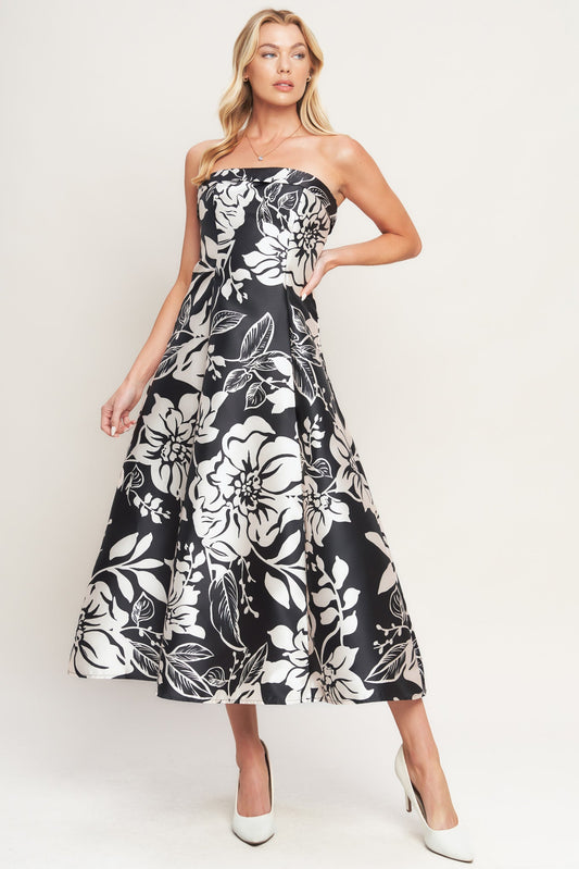 Elegant Bloom Swirl Woven Printed Midi Dress Back Zipper Flying Tomato