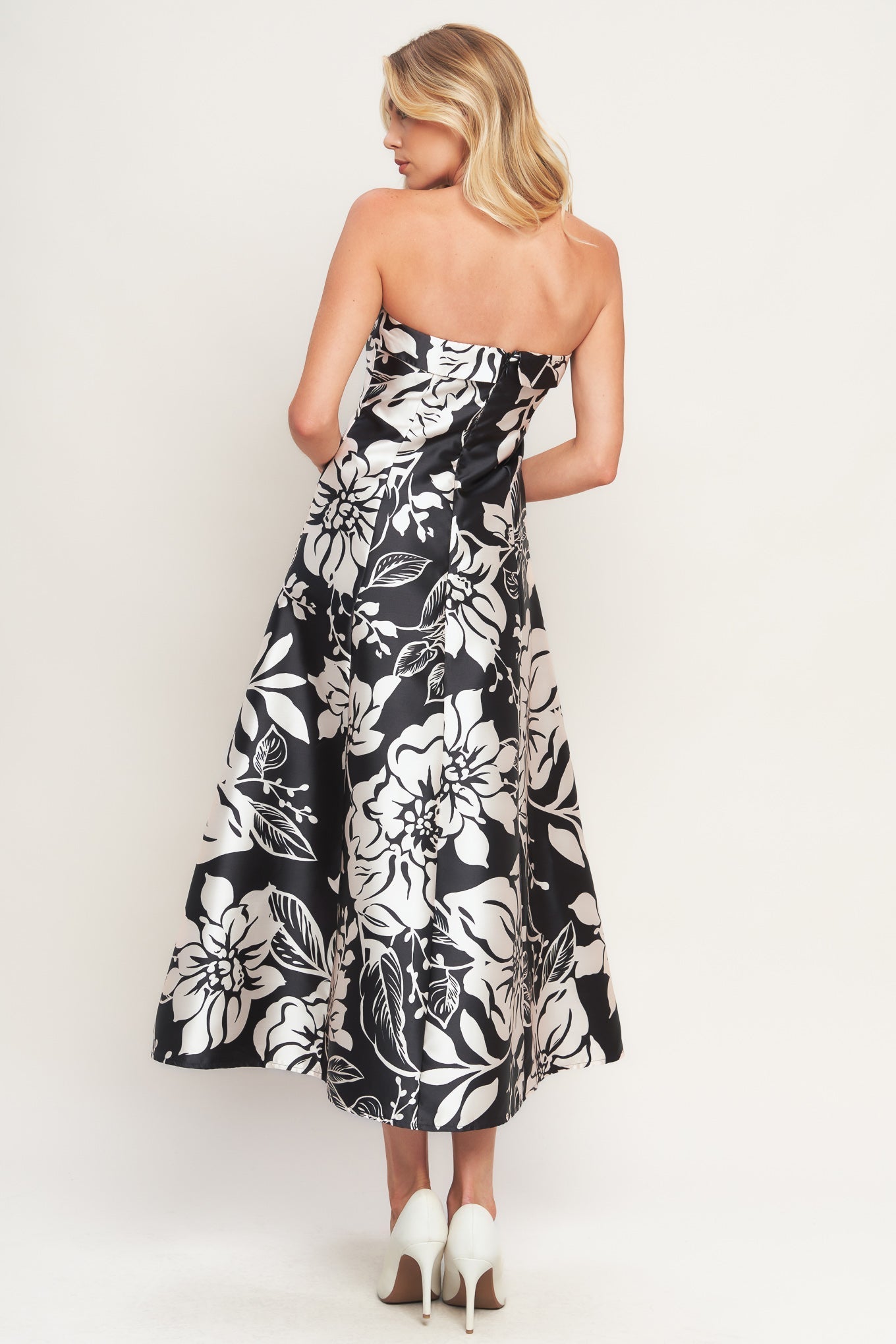 Elegant Bloom Swirl Woven Printed Midi Dress Back Zipper Flying Tomato