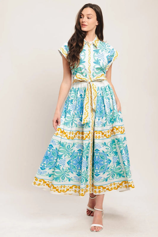 Blue Regalia Printed Cotton Midi Dress With Collar Button Down And Self Tie Flying Tomato