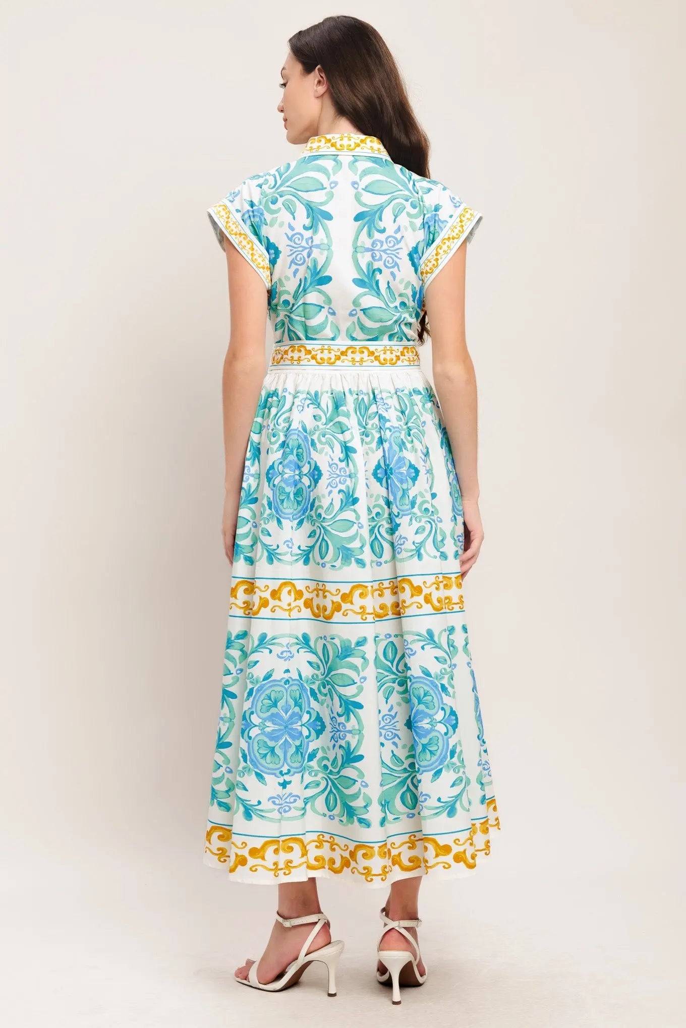 Blue Regalia Printed Cotton Midi Dress With Collar Button Down And Self Tie Flying Tomato