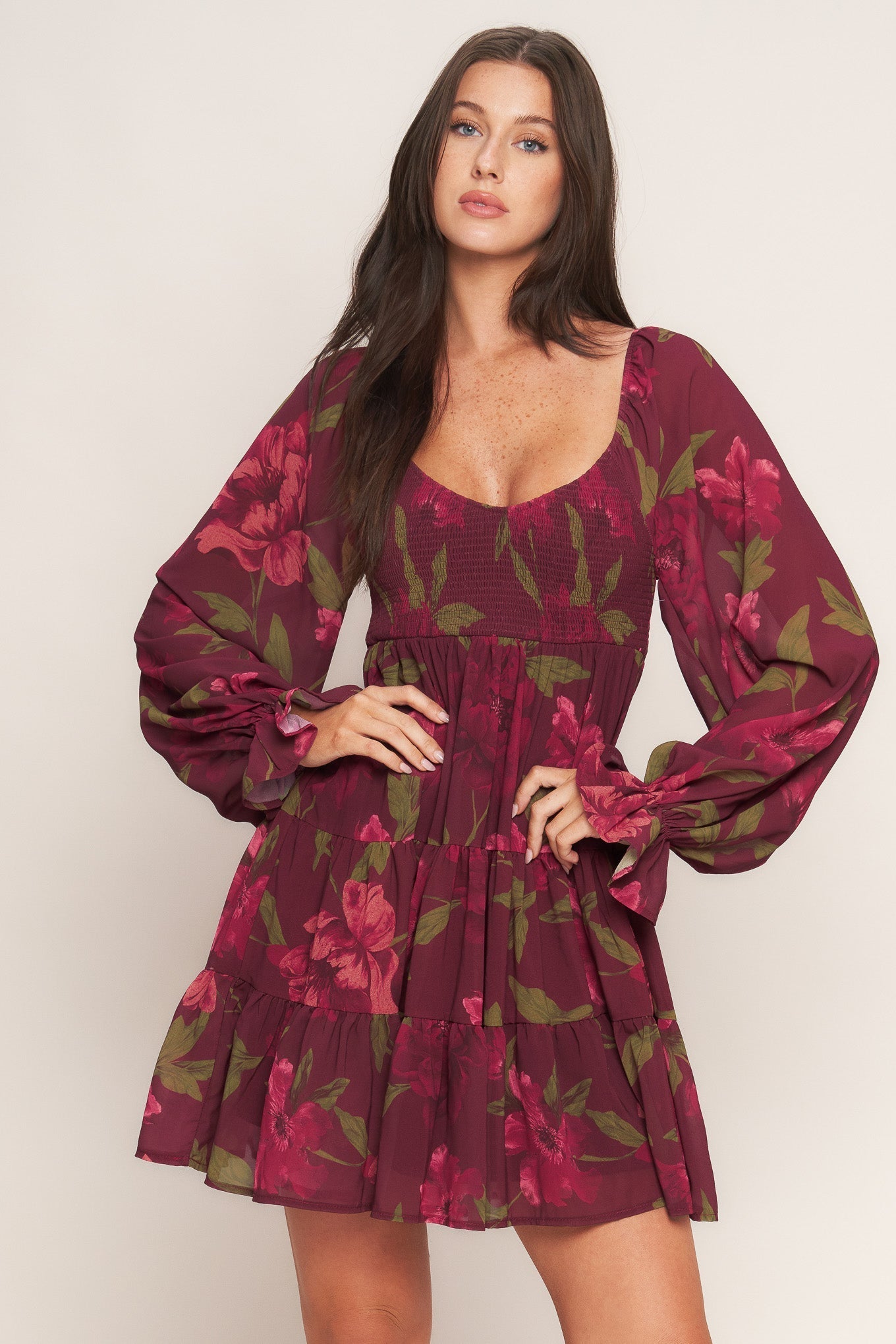 Bloom Rhapsody Printed Mini Dress U Neckline Smocked Bodice Sleeve Tiered Skirt Flying Tomato