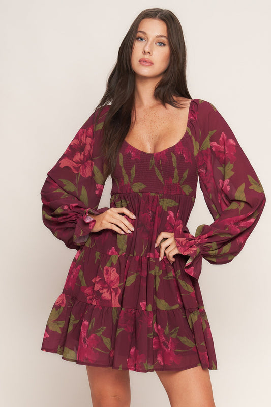 Bloom Rhapsody Printed Mini Dress U Neckline Smocked Bodice Sleeve Tiered Skirt Flying Tomato