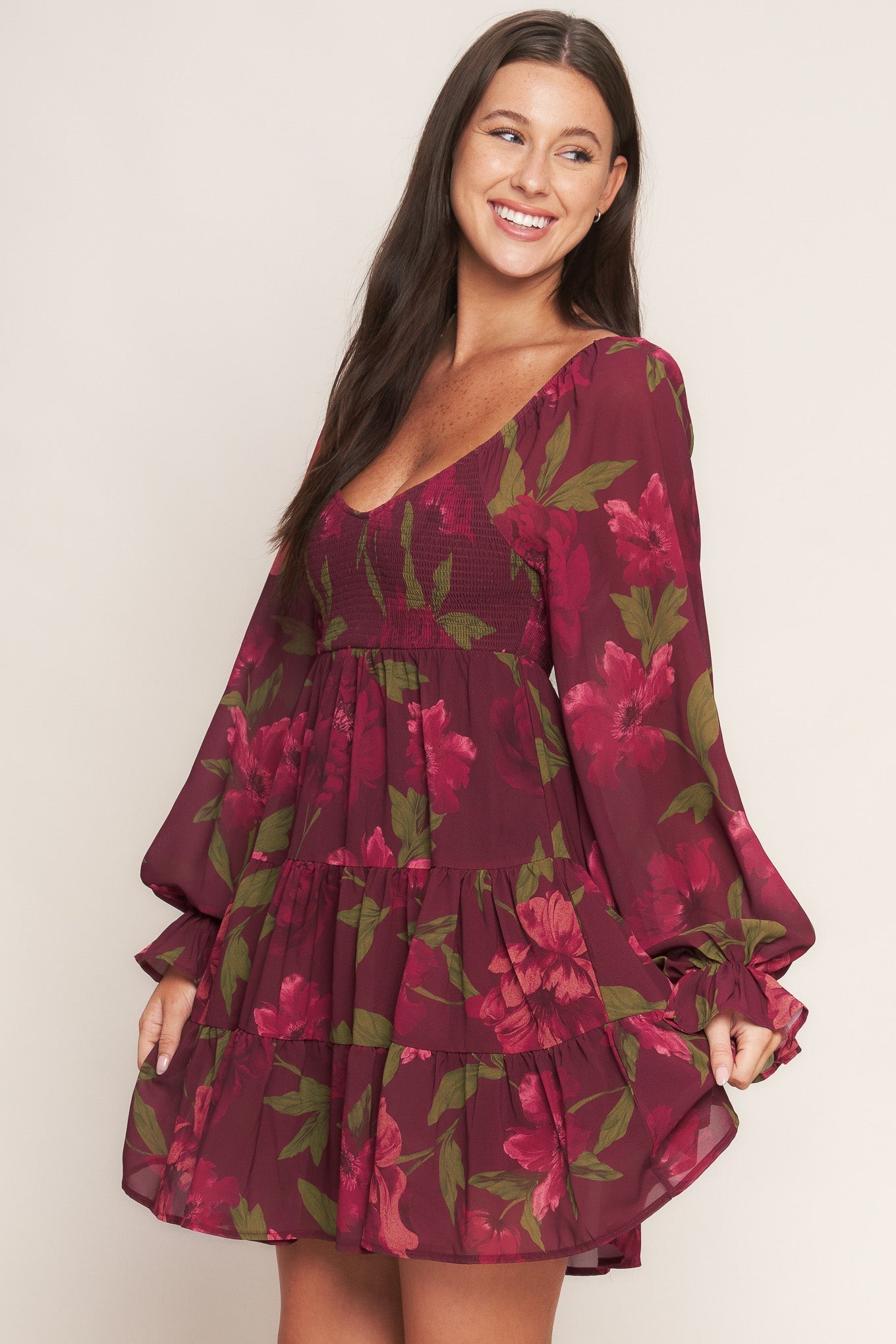 Bloom Rhapsody Printed Mini Dress U Neckline Smocked Bodice Sleeve Tiered Skirt Flying Tomato