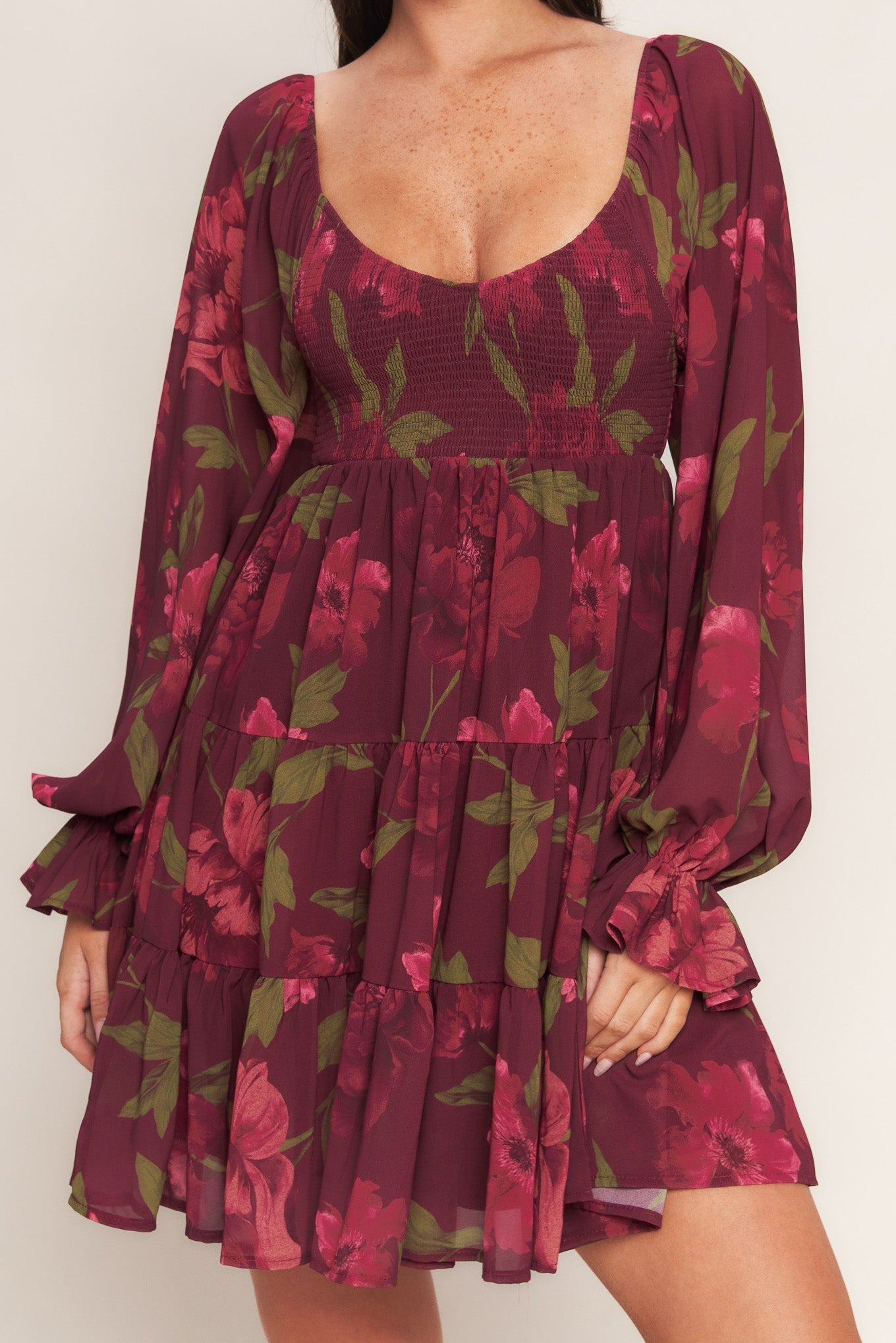 Bloom Rhapsody Printed Mini Dress U Neckline Smocked Bodice Sleeve Tiered Skirt Flying Tomato