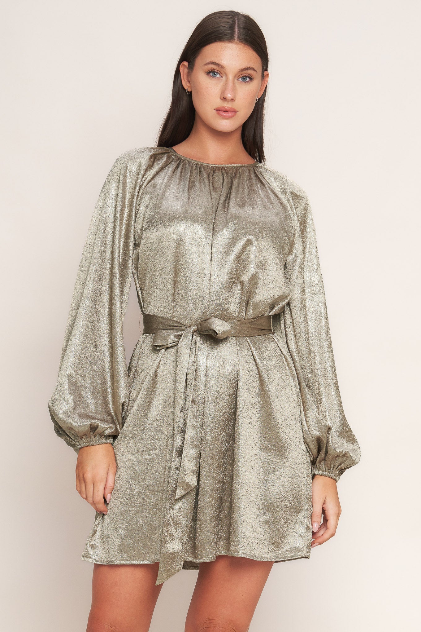 Moonrise Haze Foiled Woven Mini Dress Long Sleeve Self Tie Flying Tomato