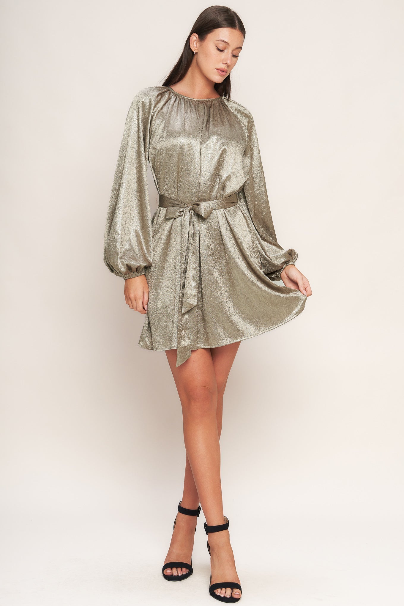 Moonrise Haze Foiled Woven Mini Dress Long Sleeve Self Tie Flying Tomato
