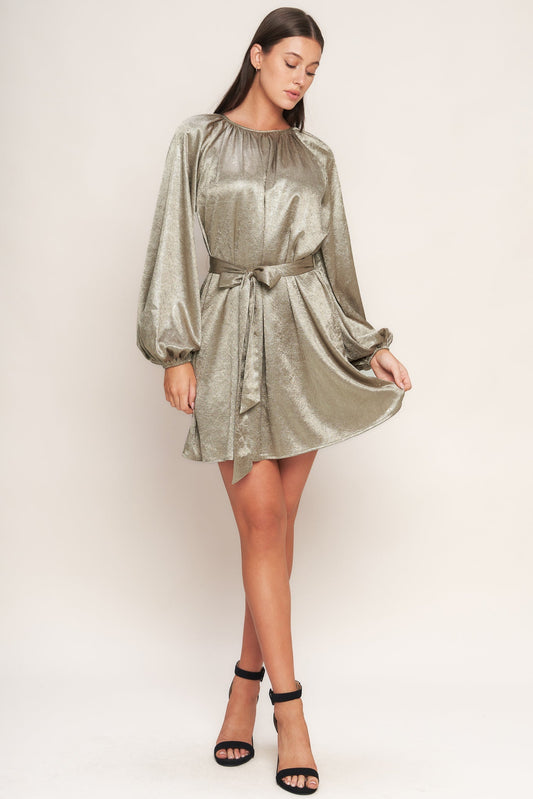 Moonrise Haze Foiled Woven Mini Dress Long Sleeve Self Tie Flying Tomato