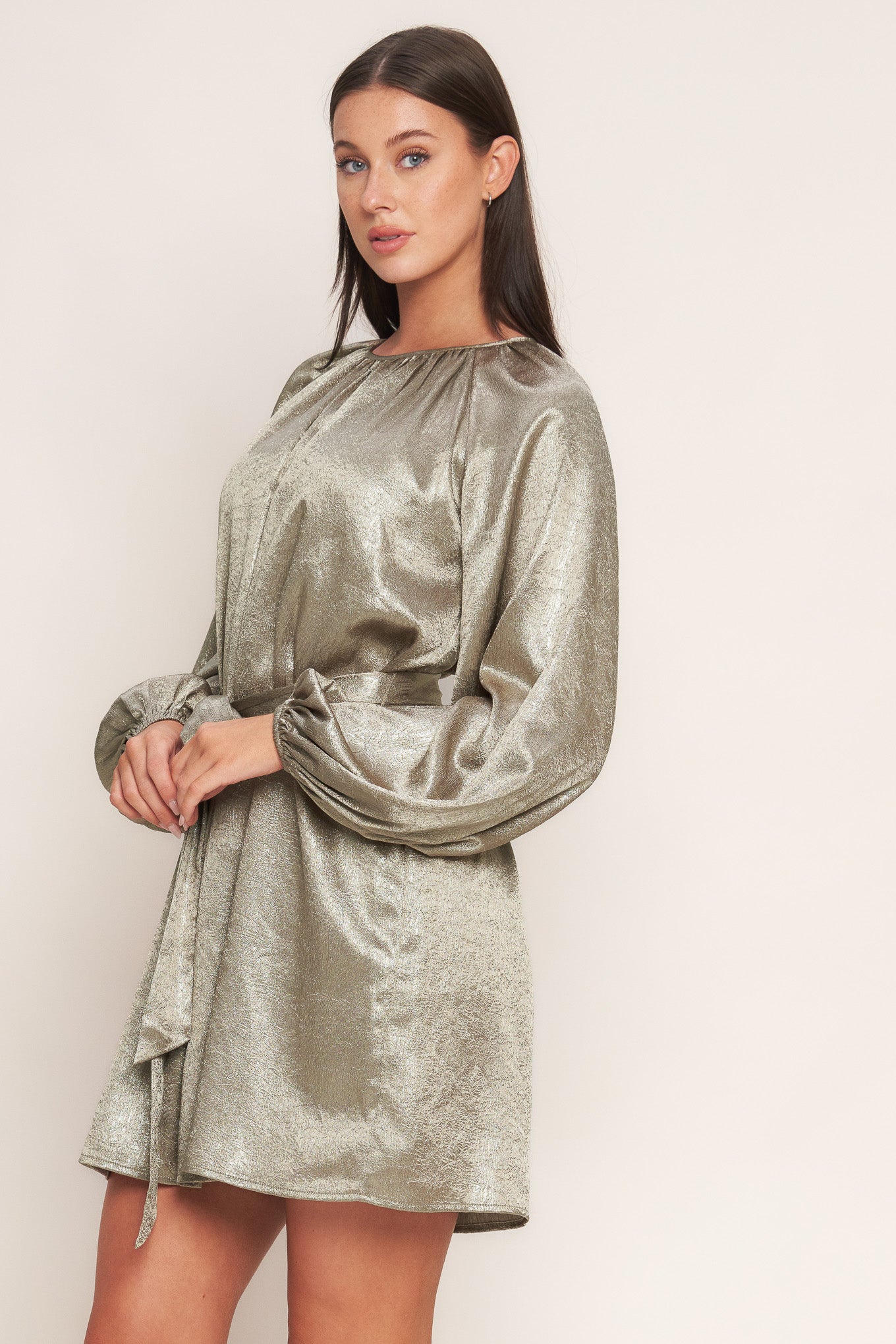 Moonrise Haze Foiled Woven Mini Dress Long Sleeve Self Tie Flying Tomato