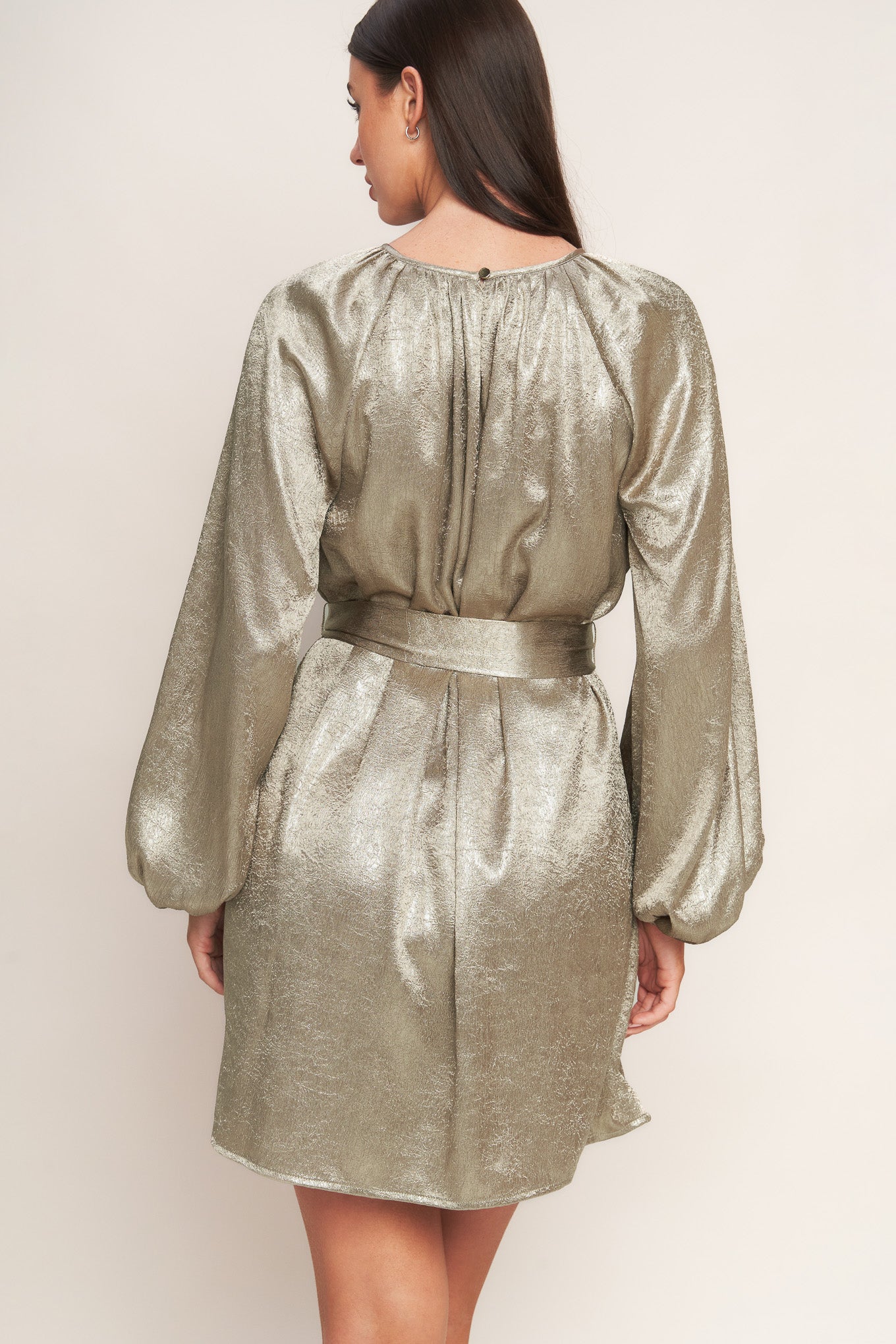 Moonrise Haze Foiled Woven Mini Dress Long Sleeve Self Tie Flying Tomato