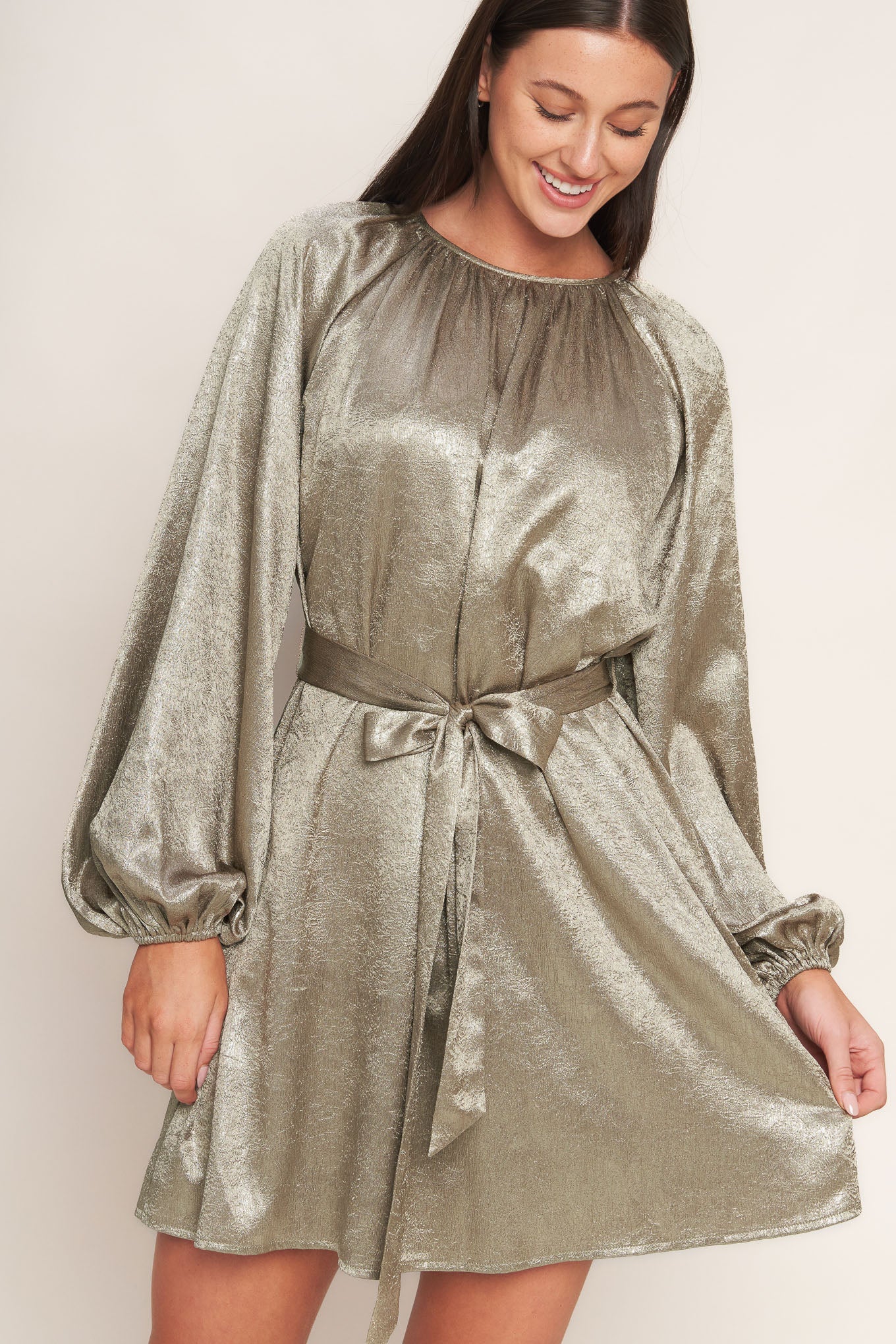 Moonrise Haze Foiled Woven Mini Dress Long Sleeve Self Tie Flying Tomato