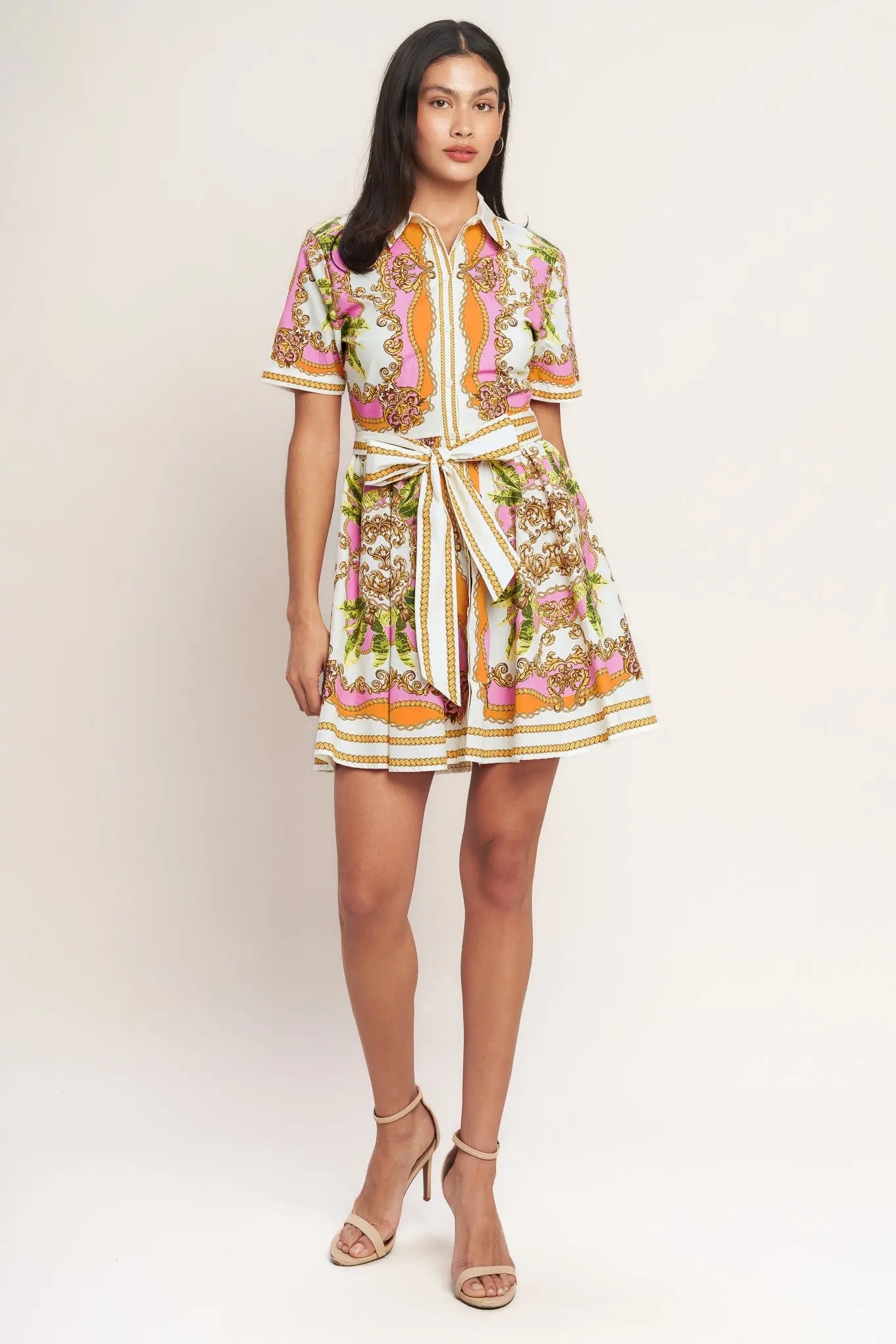 Love At First Sight Printed Woven Mini Shirt Dress Button Down With Self Tie Flying Tomato