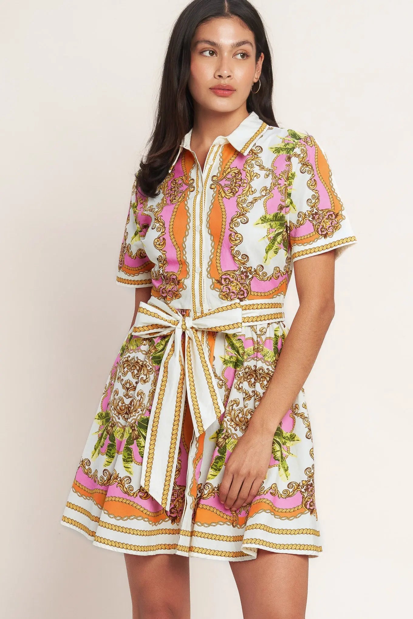 Love At First Sight Printed Woven Mini Shirt Dress Button Down With Self Tie Flying Tomato