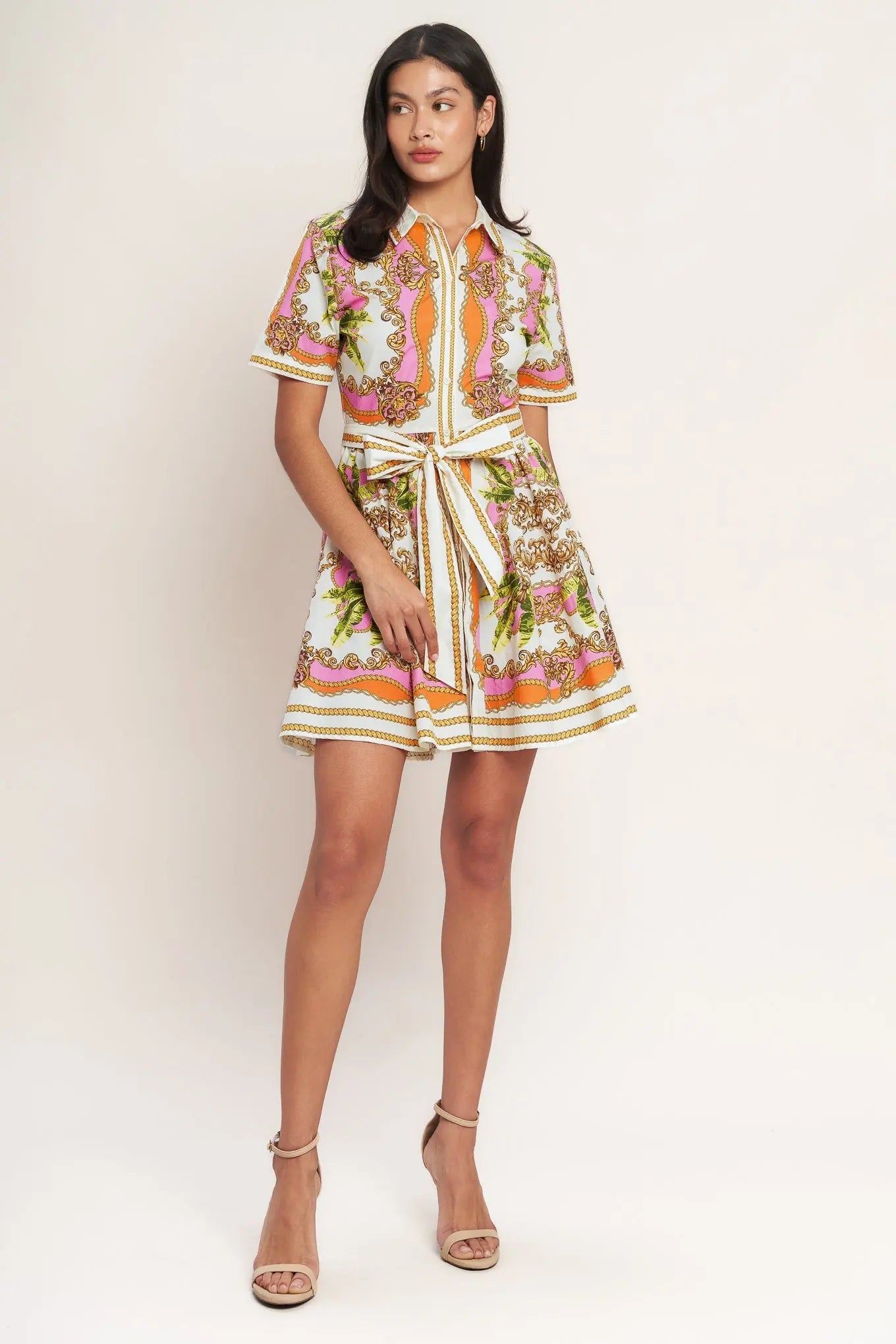 Love At First Sight Printed Woven Mini Shirt Dress Button Down With Self Tie Flying Tomato