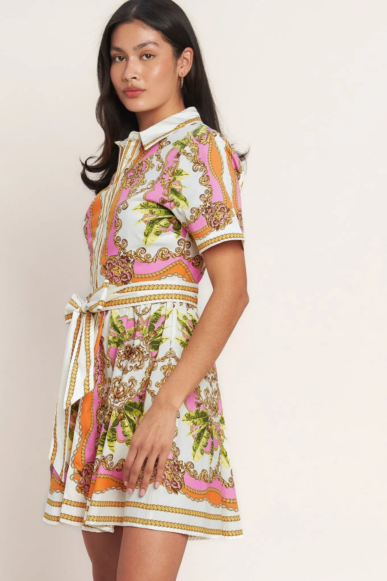 Love At First Sight Printed Woven Mini Shirt Dress Button Down With Self Tie Flying Tomato