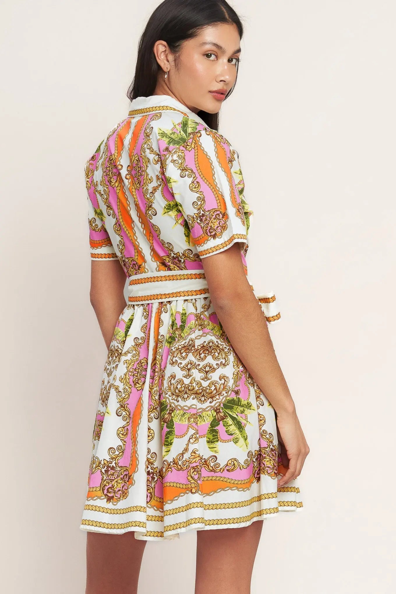 Love At First Sight Printed Woven Mini Shirt Dress Button Down With Self Tie Flying Tomato