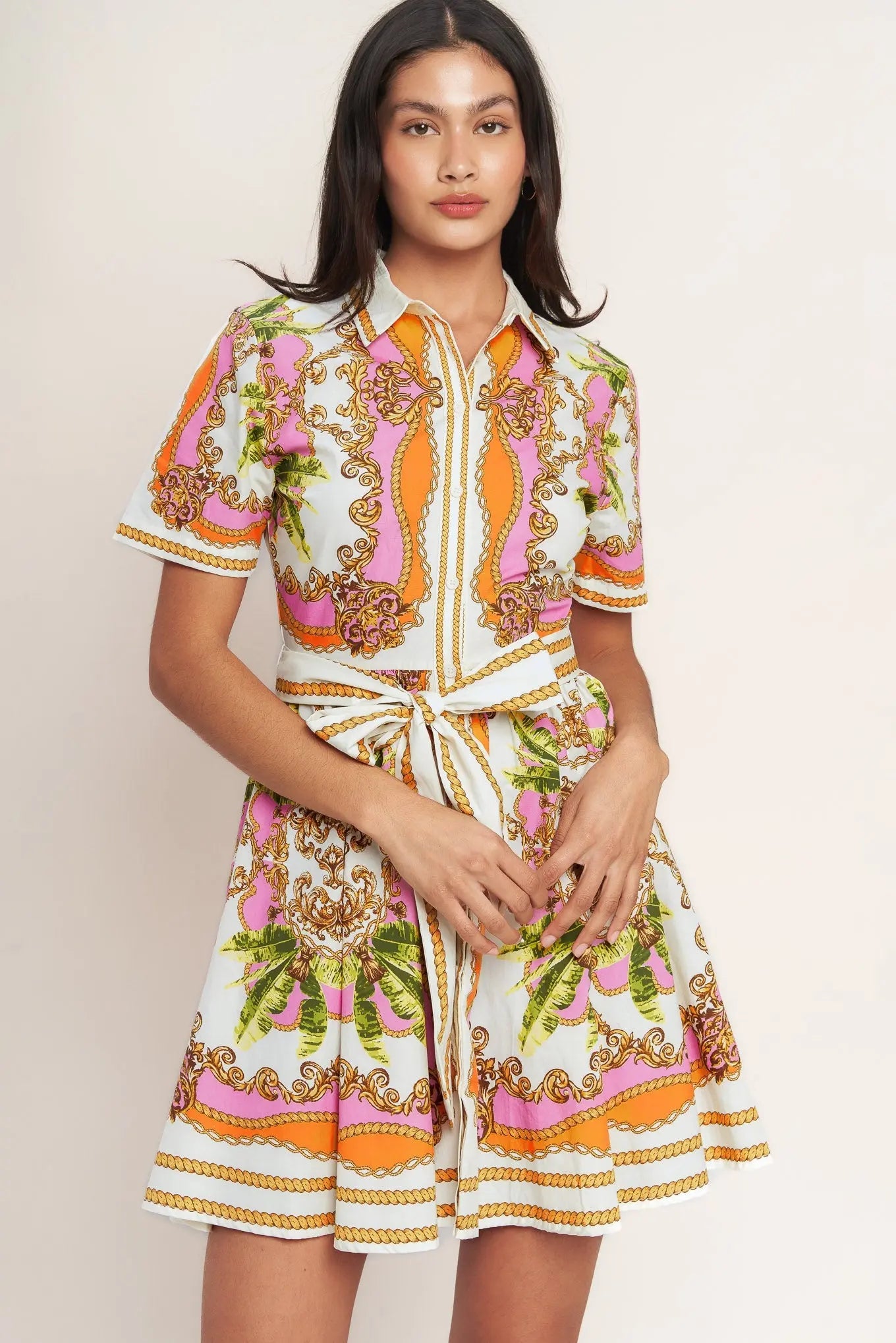 Love At First Sight Printed Woven Mini Shirt Dress Button Down With Self Tie Flying Tomato