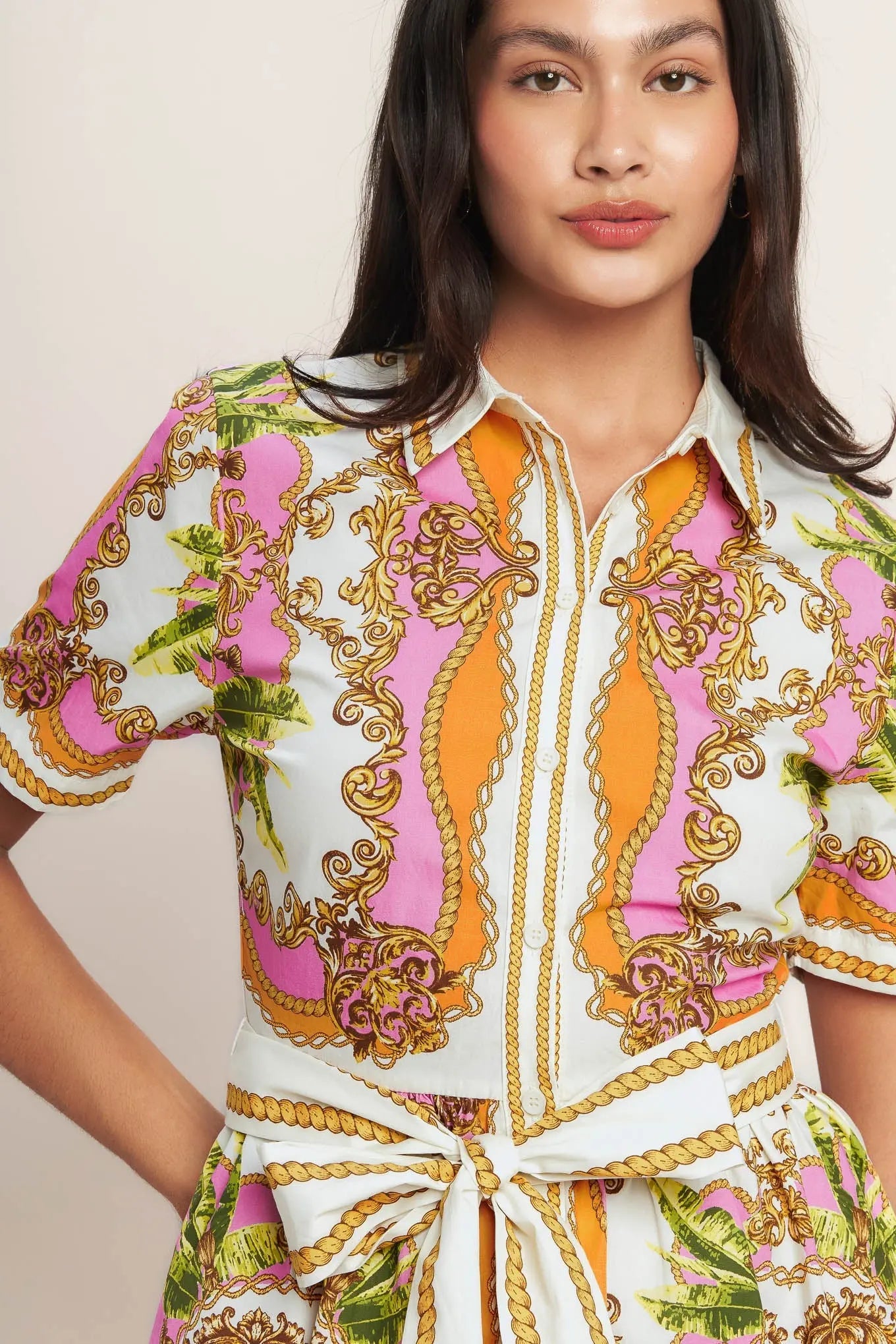 Love At First Sight Printed Woven Mini Shirt Dress Button Down With Self Tie Flying Tomato