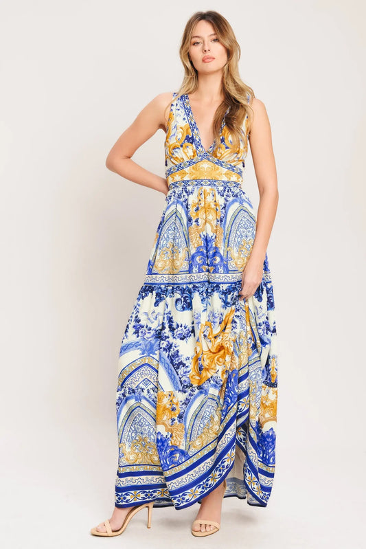 Azure Palazzo Woven Maxi Dress With Blue Gold Print Flying Tomato