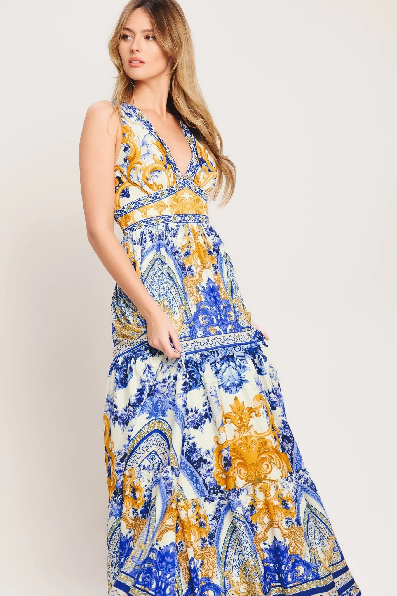 Azure Palazzo Woven Maxi Dress With Blue Gold Print Flying Tomato