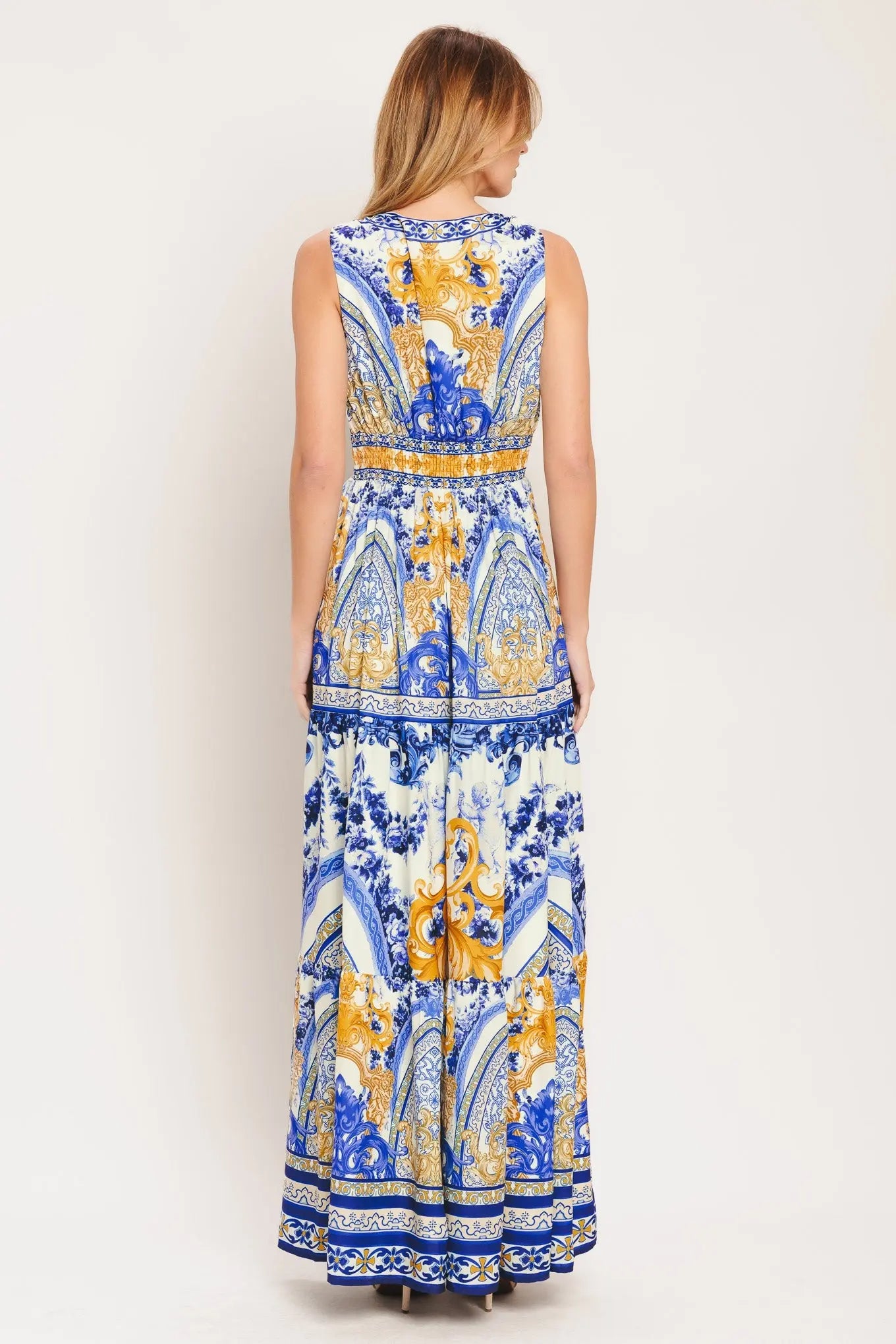 Azure Palazzo Woven Maxi Dress With Blue Gold Print Flying Tomato