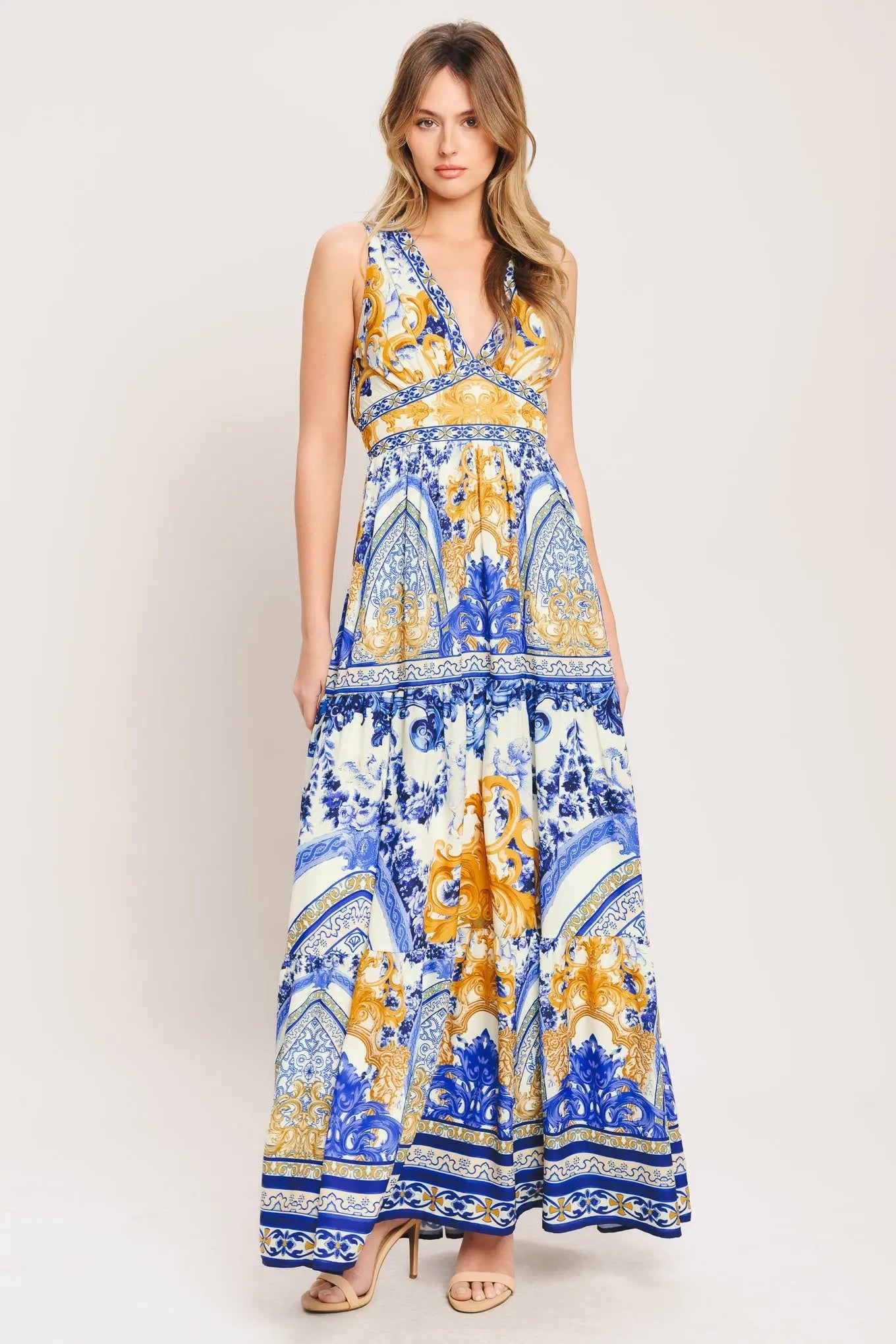 Azure Palazzo Woven Maxi Dress With Blue Gold Print Flying Tomato