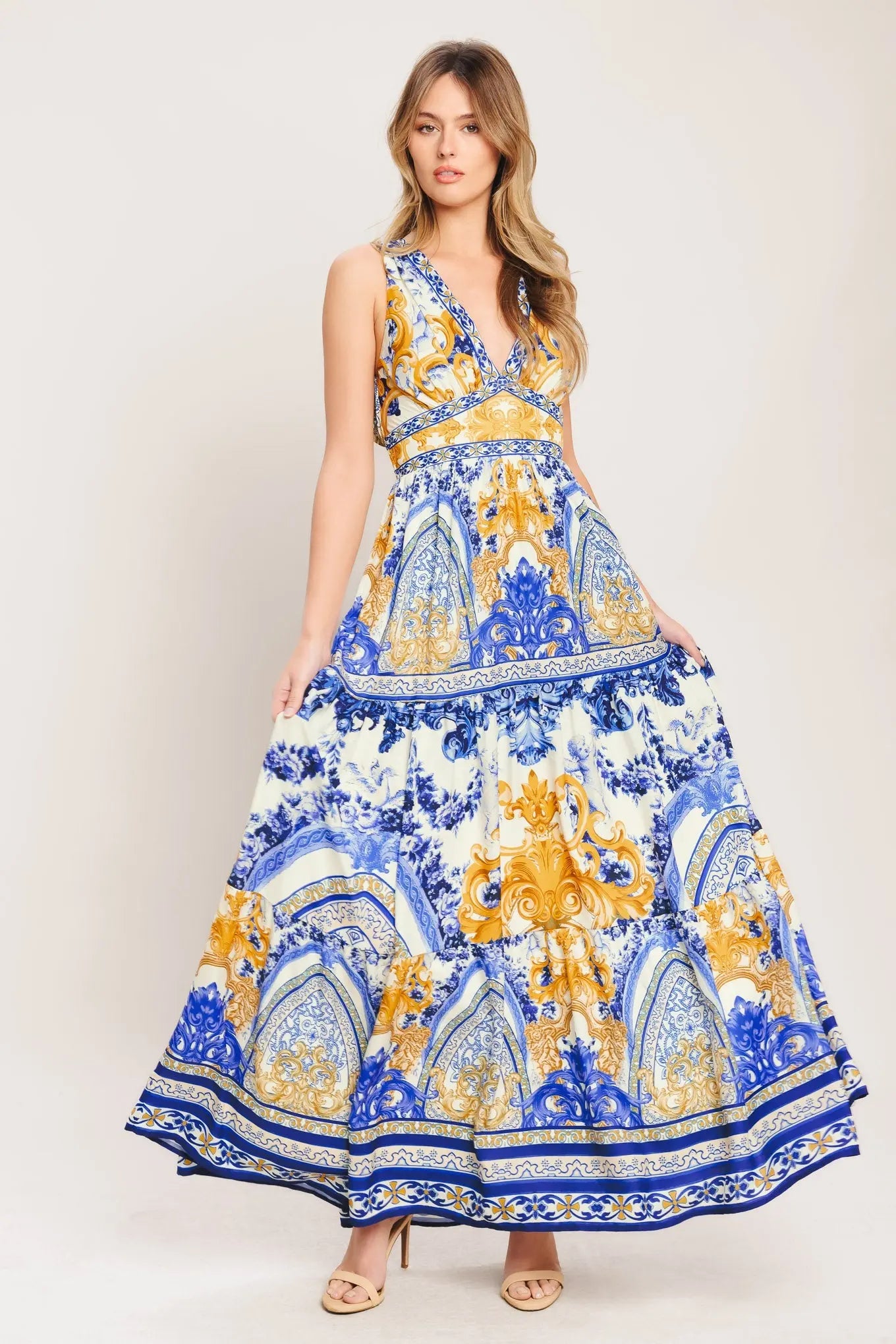 Azure Palazzo Woven Maxi Dress With Blue Gold Print Flying Tomato