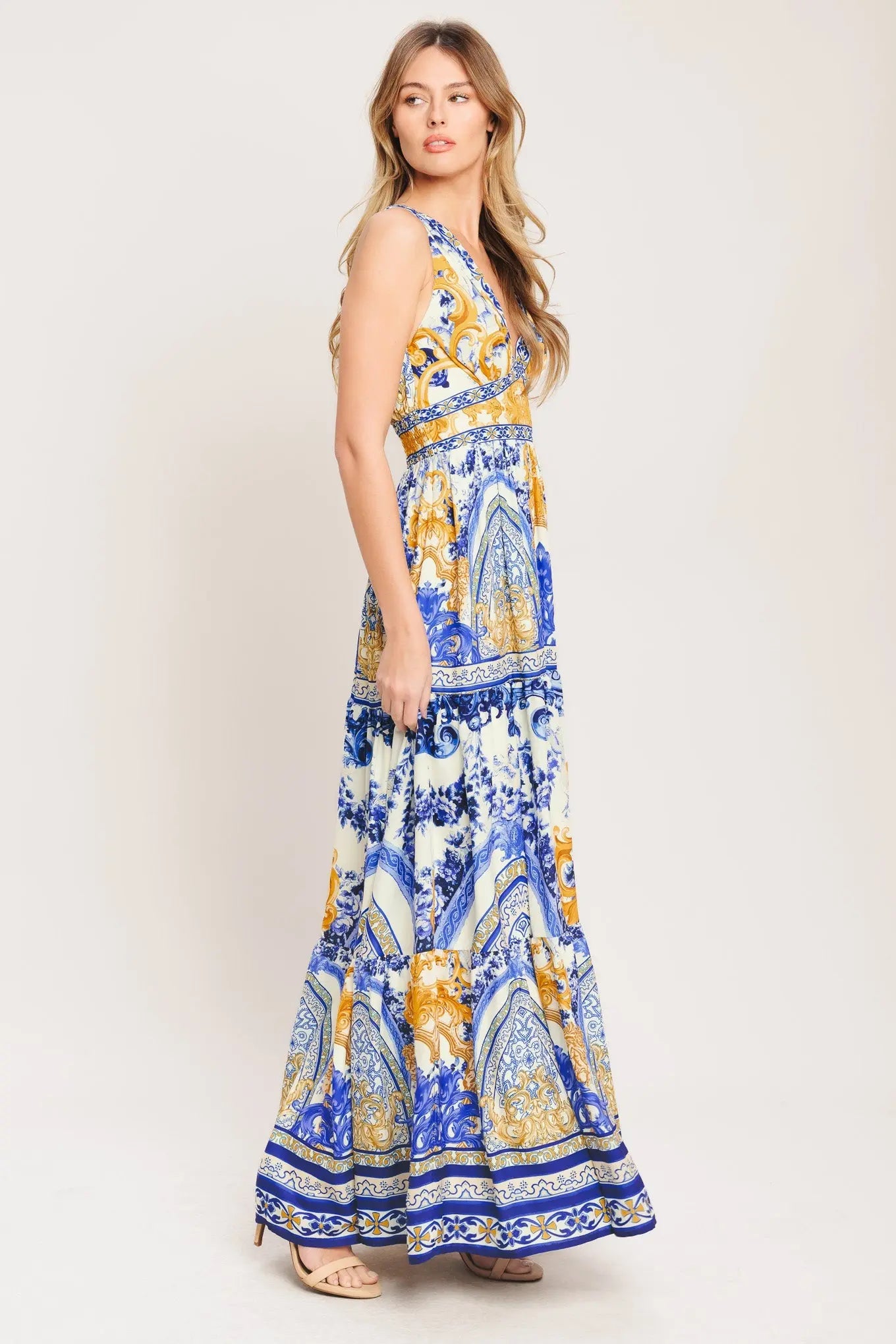 Azure Palazzo Woven Maxi Dress With Blue Gold Print Flying Tomato
