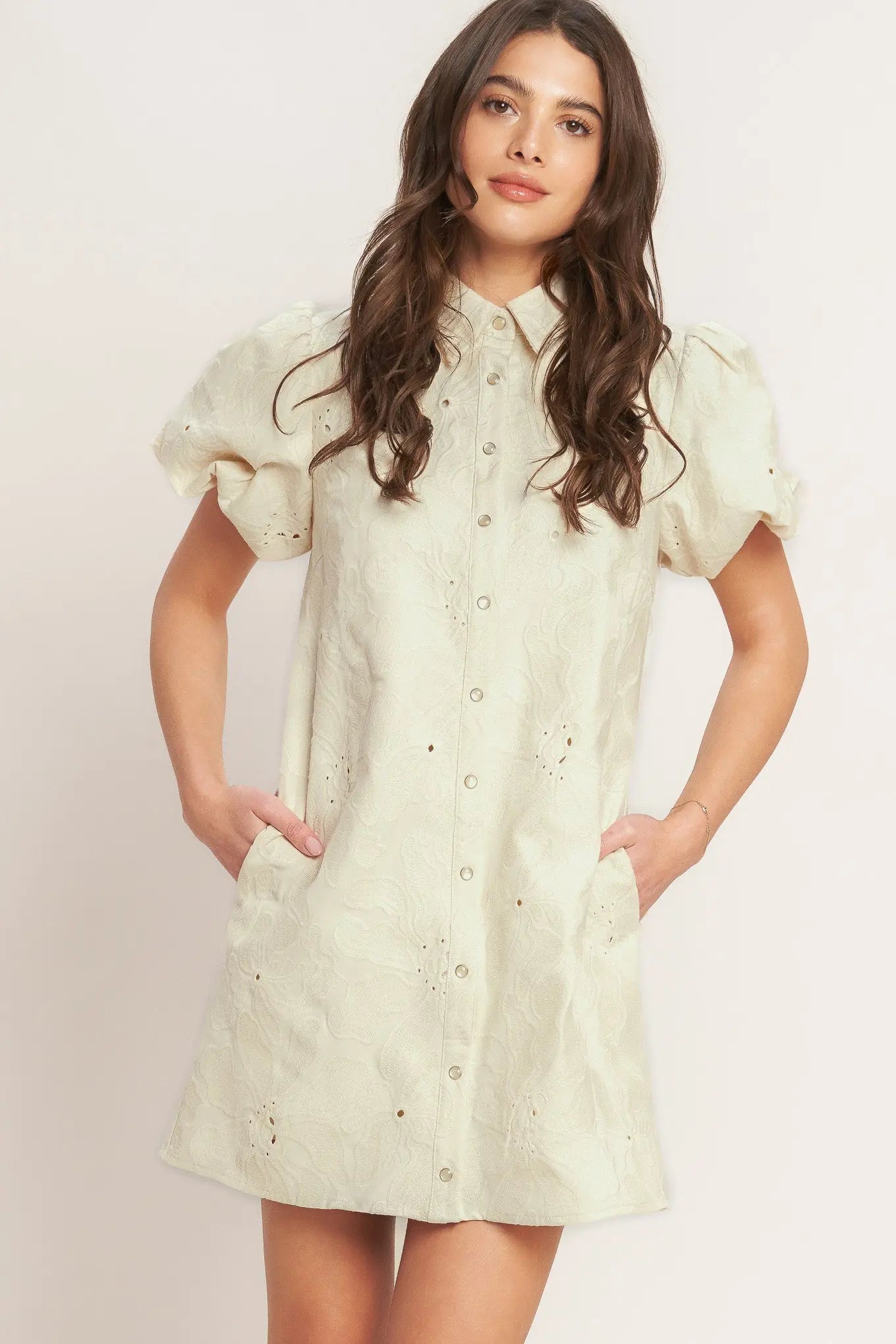 Breathable Cotton Weave Mini Dress With Collar Puff Sleeve Button Down Flying Tomato