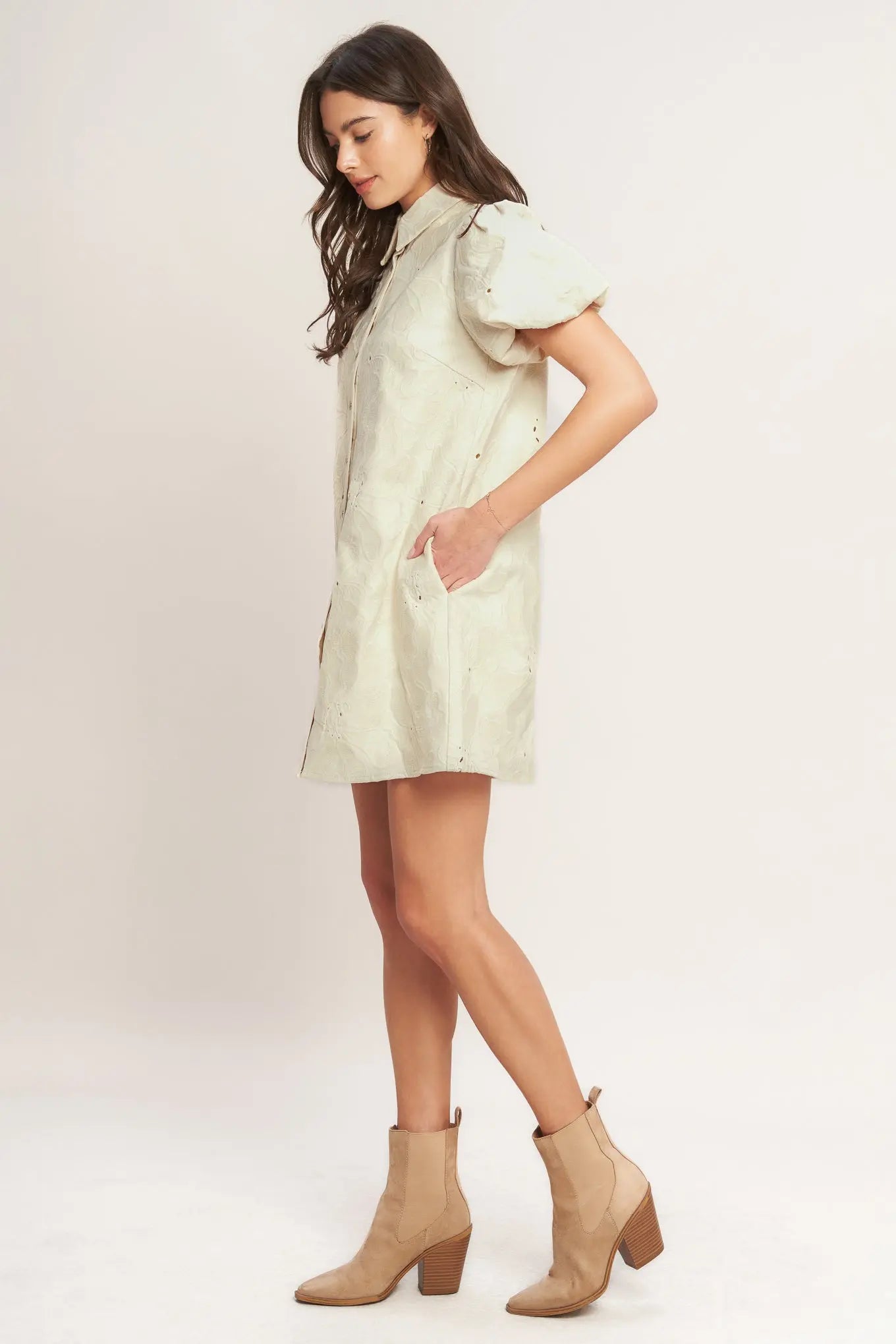 Breathable Cotton Weave Mini Dress With Collar Puff Sleeve Button Down Flying Tomato