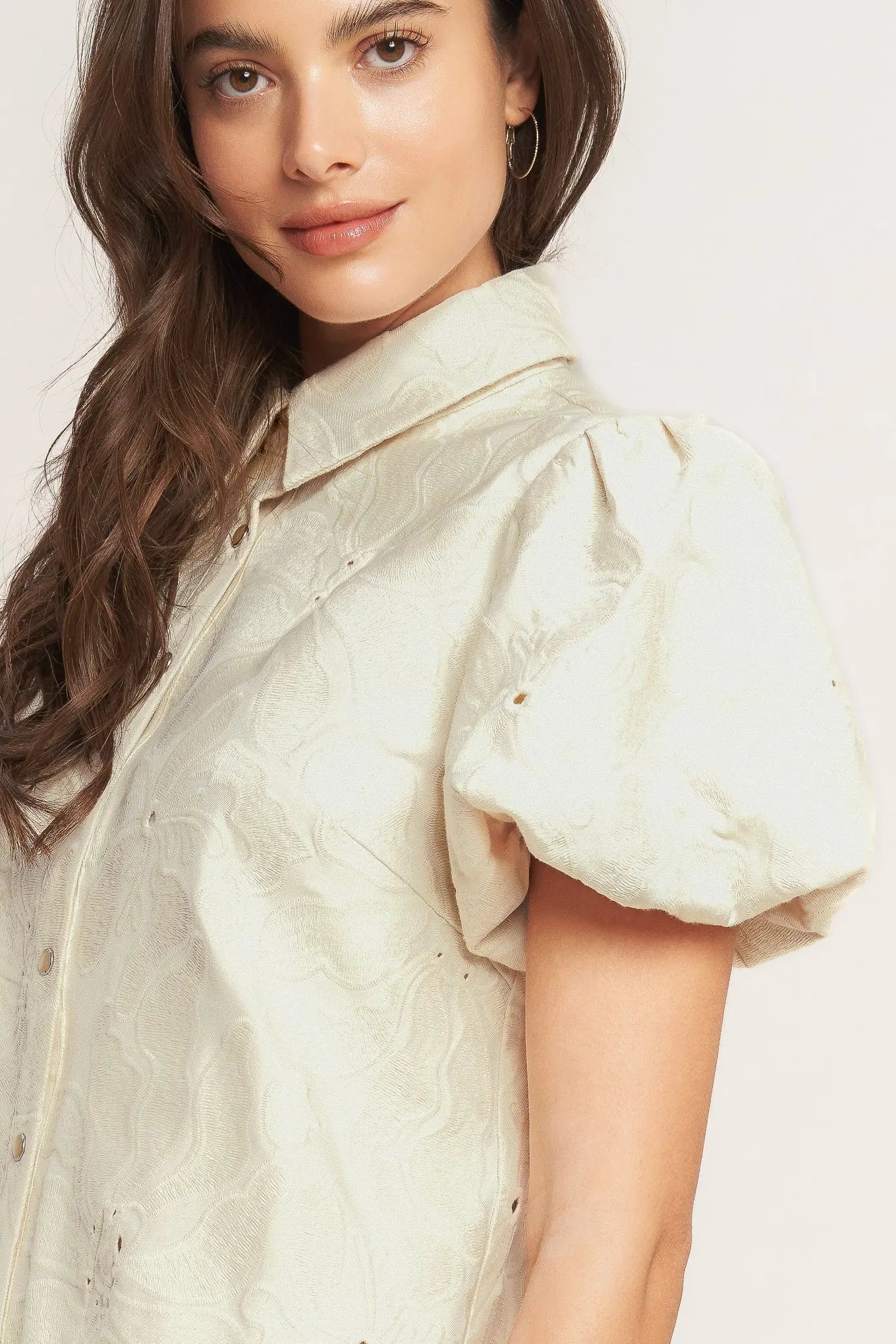 Breathable Cotton Weave Mini Dress With Collar Puff Sleeve Button Down Flying Tomato