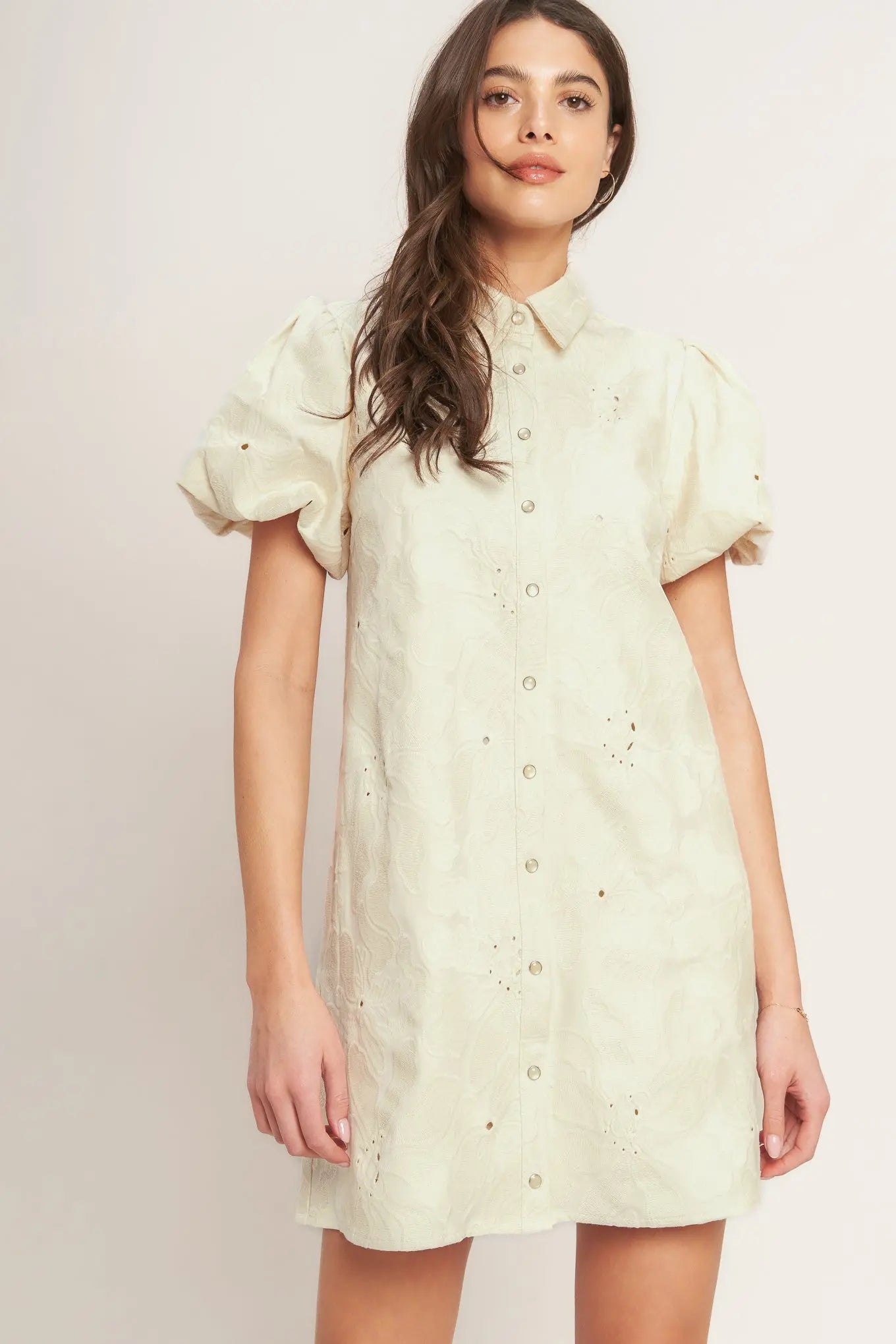 Breathable Cotton Weave Mini Dress With Collar Puff Sleeve Button Down Flying Tomato