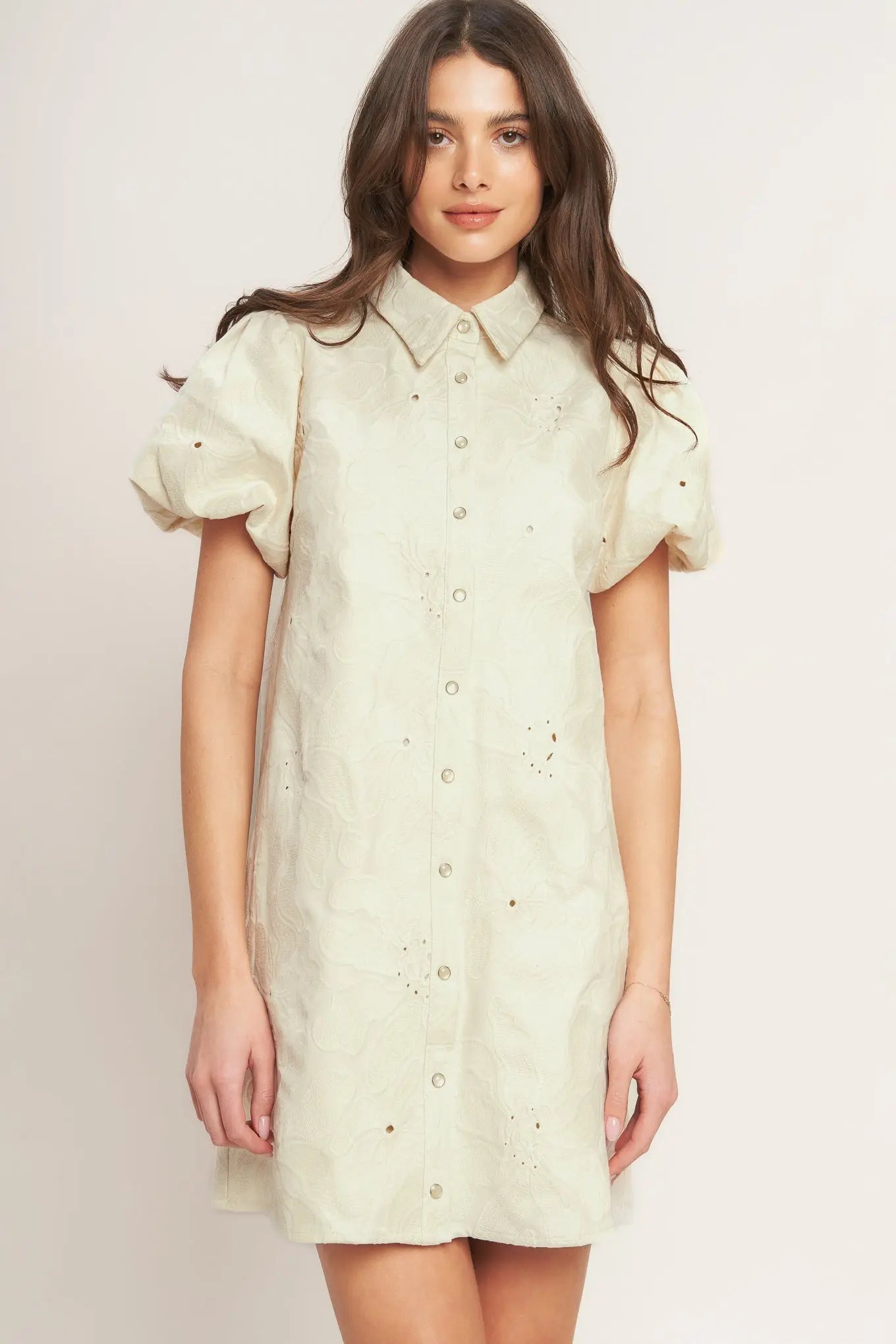 Breathable Cotton Weave Mini Dress With Collar Puff Sleeve Button Down Flying Tomato