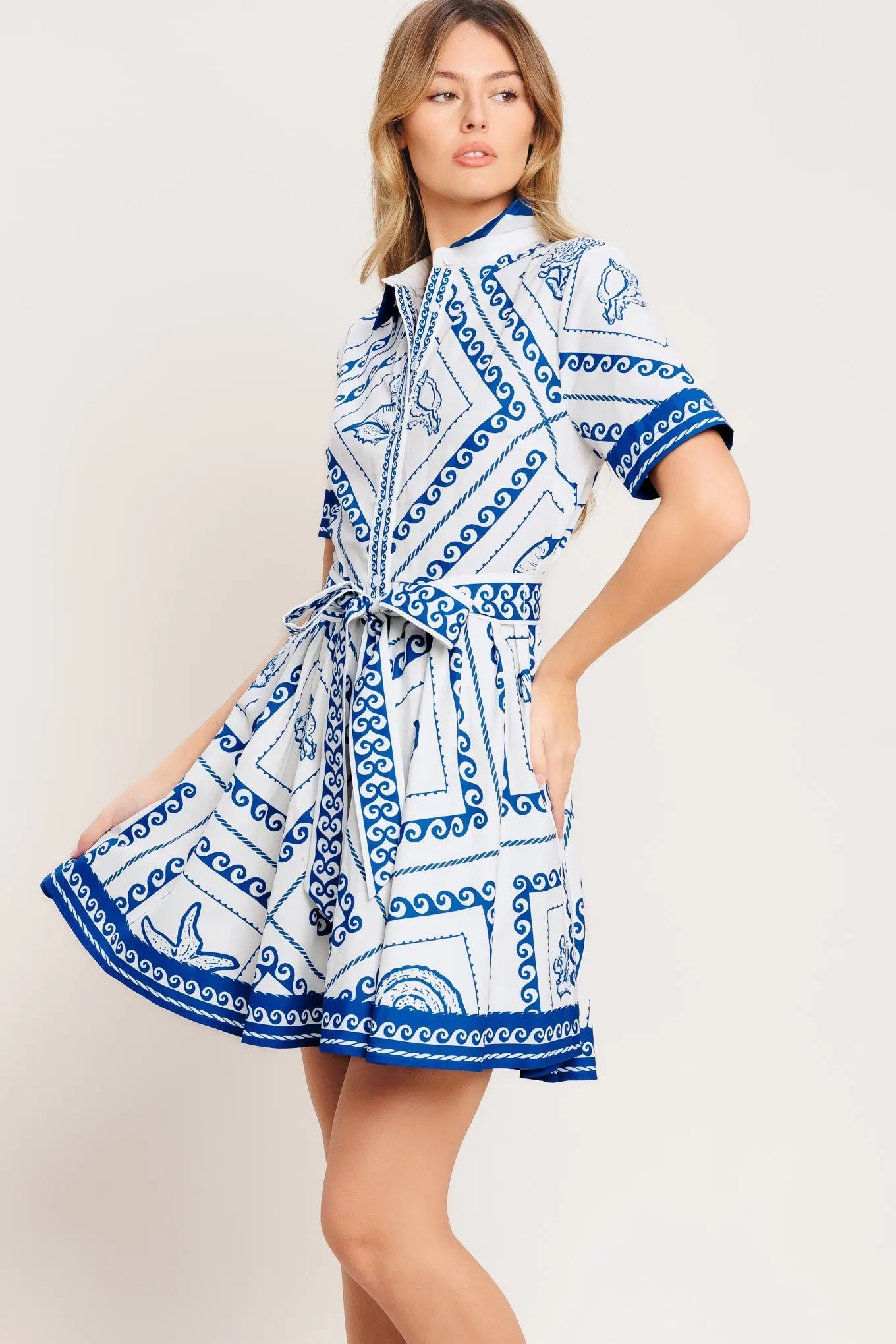 Island Polish Printed Woven Mini Dress With Self Tie Belt Flying Tomato