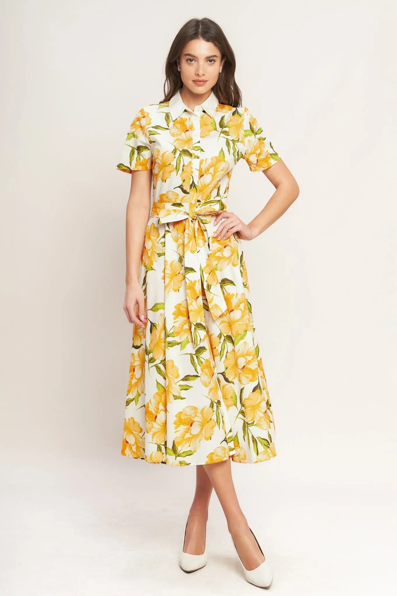 Printed Woven Midi Dress With Collar Short Sleeve Button Down Self Tie Sash Flying Tomato