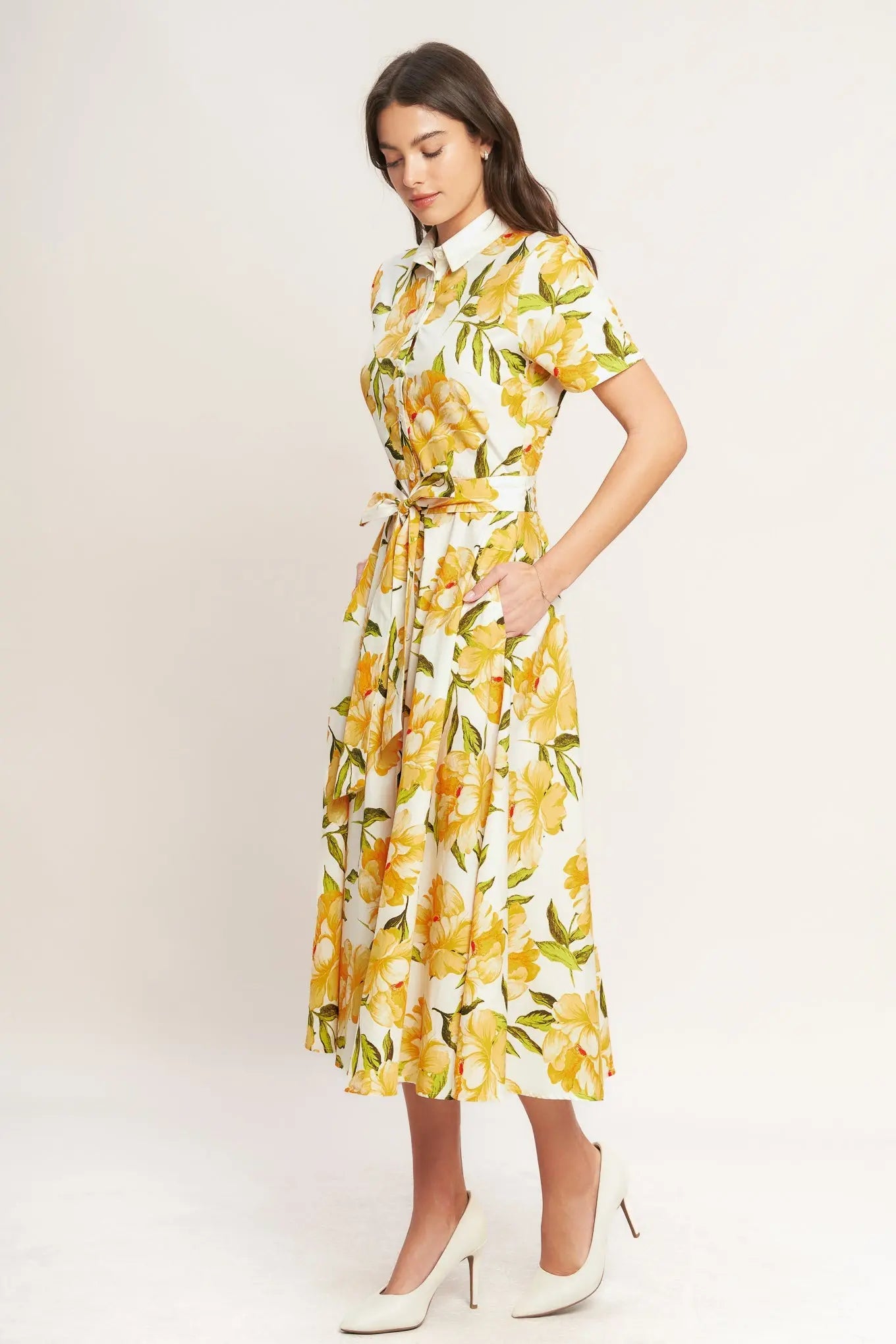 Printed Woven Midi Dress With Collar Short Sleeve Button Down Self Tie Sash Flying Tomato