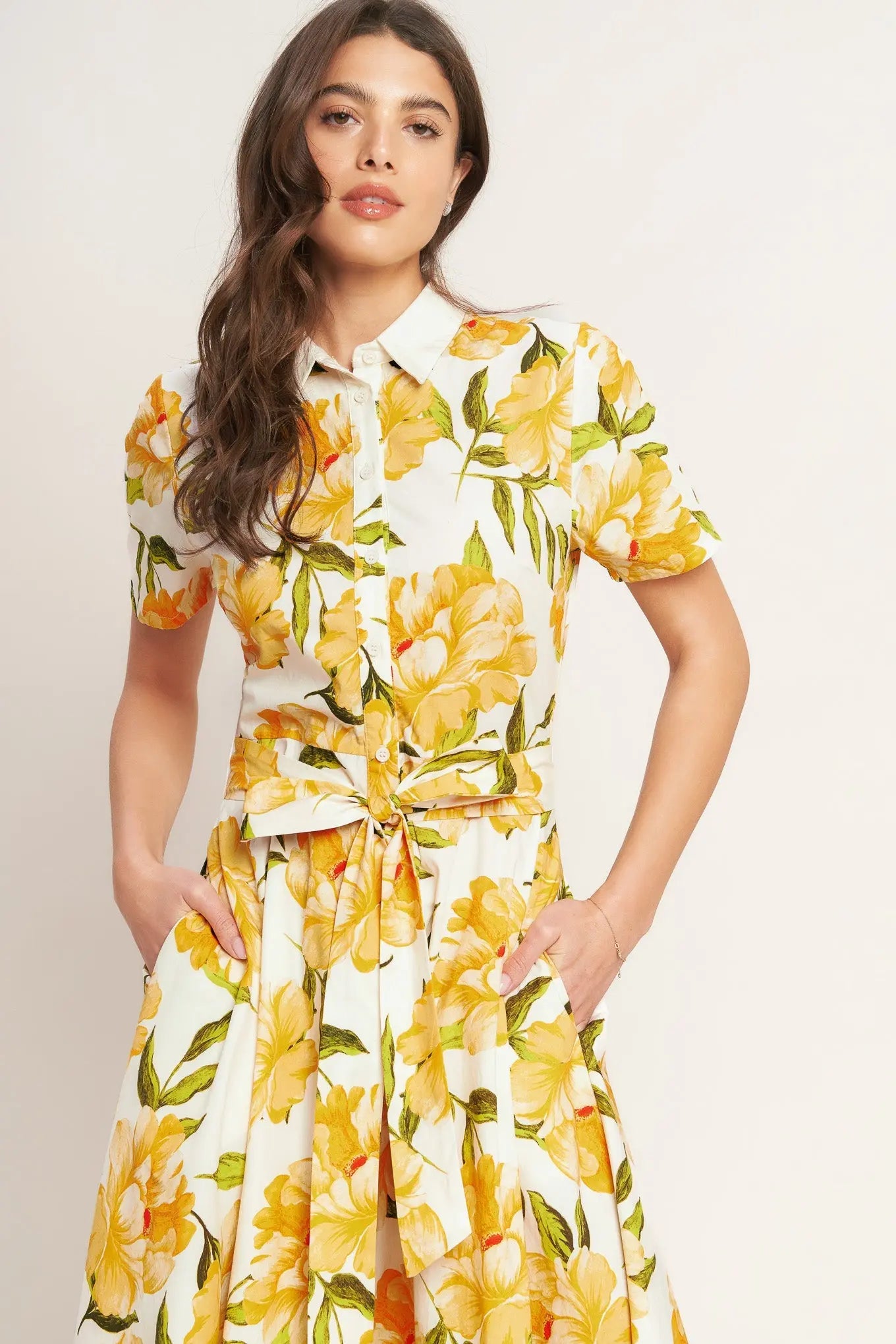 Printed Woven Midi Dress With Collar Short Sleeve Button Down Self Tie Sash Flying Tomato