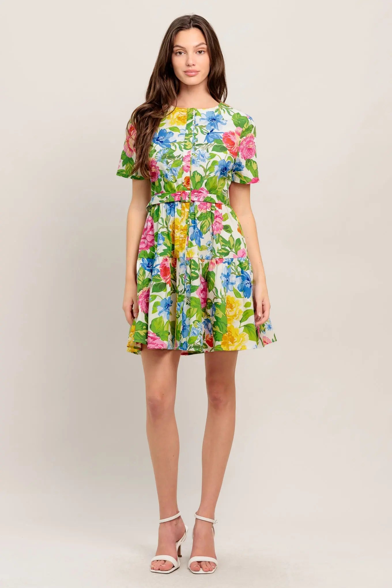 Sunshine In Full Bloom Printed Cotton Woven Mini Dress With Self Belt Flying Tomato