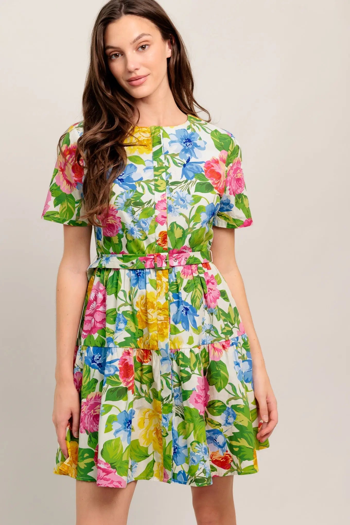 Sunshine In Full Bloom Printed Cotton Woven Mini Dress With Self Belt Flying Tomato