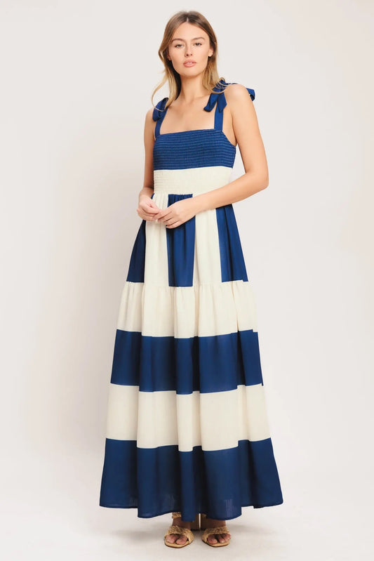 Navy White Striped Woven Maxi Dress With Smocked Bodice And Shoulder Ties Flying Tomato